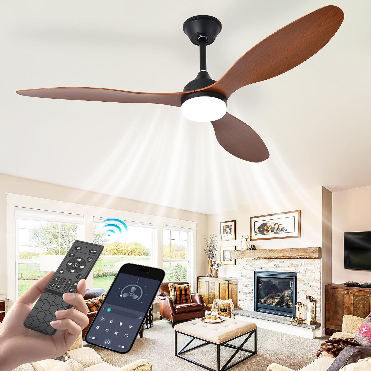 Detalle de AIROPLUX 52IN-3BLD-WT Ceiling Fan with Light, Walnut, 3 ABS Blades