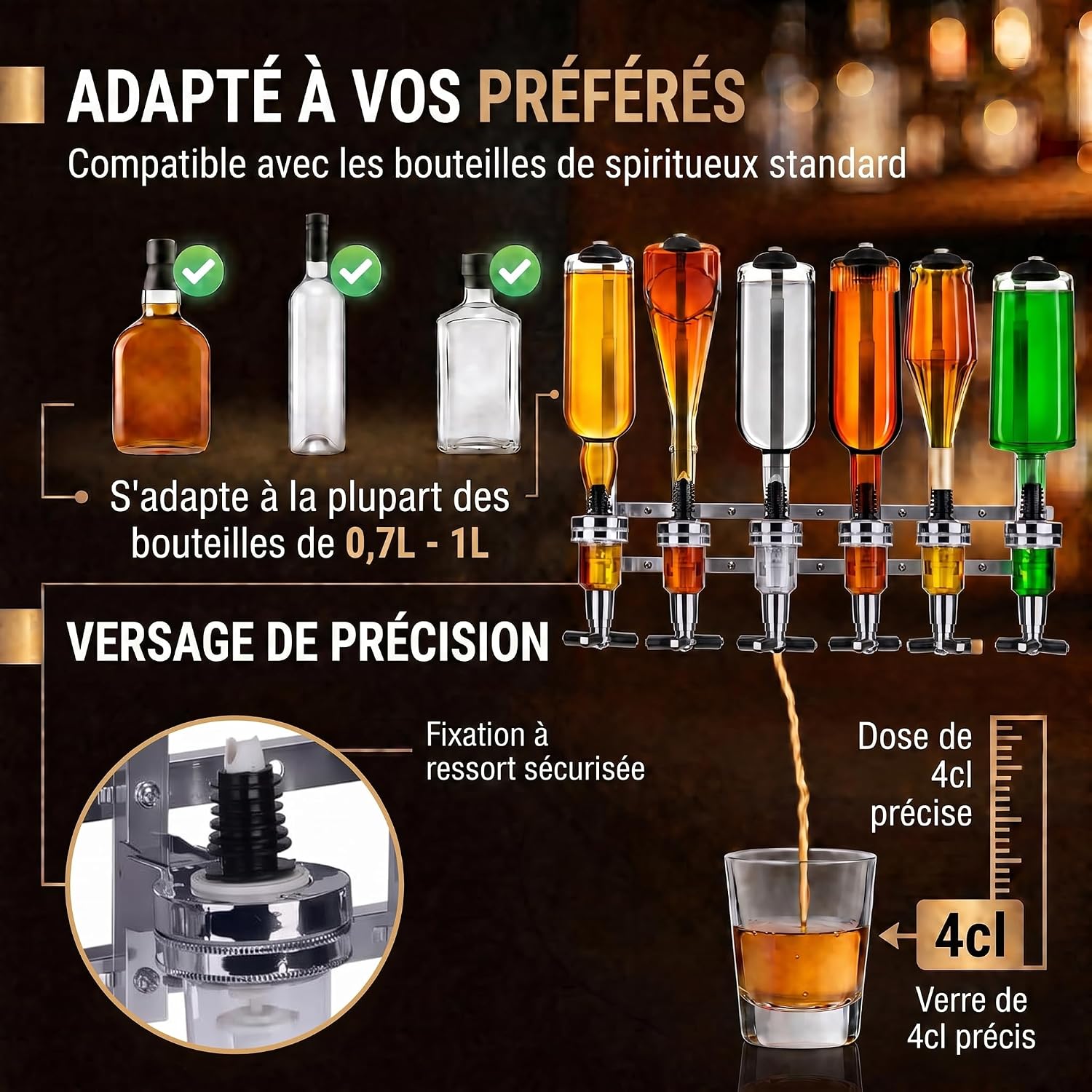 Detalle de Bar-Butler pour spiritueux – Porte-bouteilles et doseur 4 cl, version murale ou avec socle