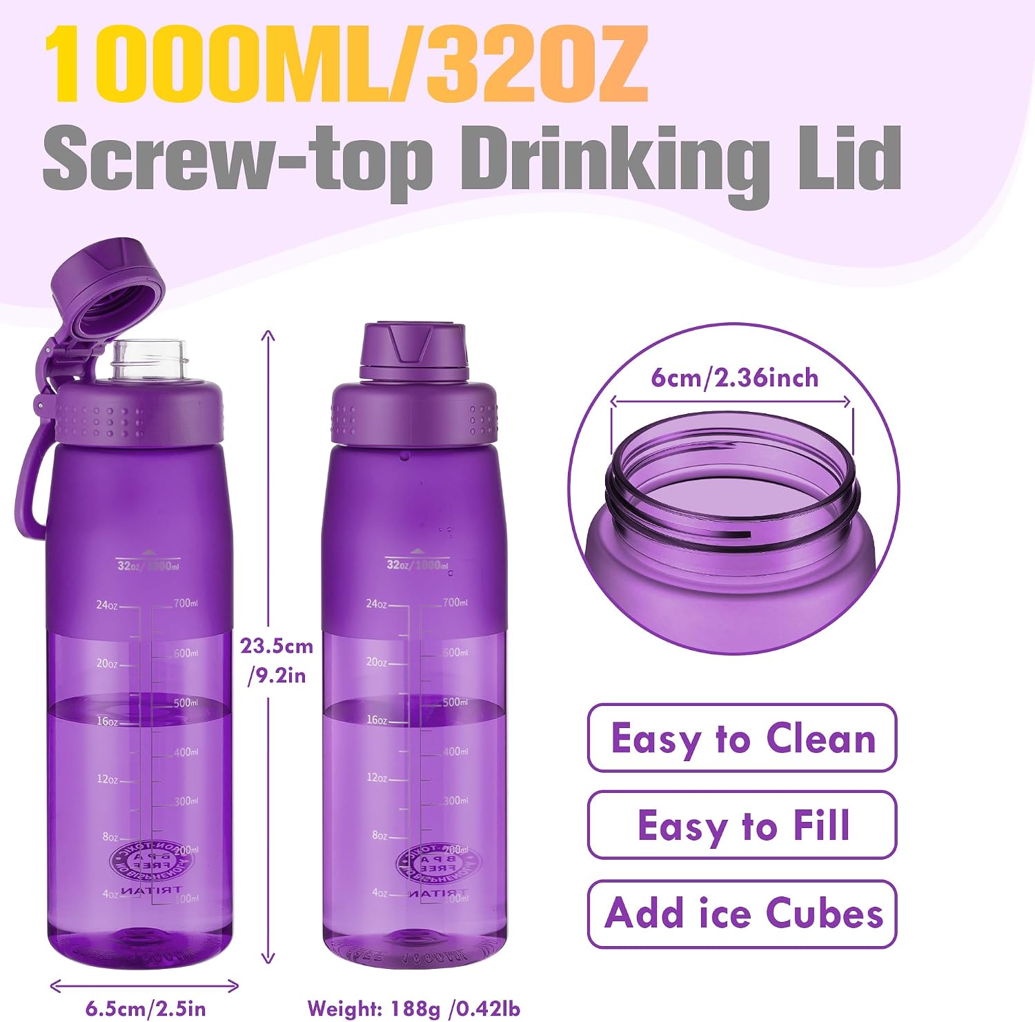 Thumbnail 1 de GOPPUS 1L Clear Tritan Water Bottle (32oz) with Screw Lid, Fruit Infuser & Leakproof Handle