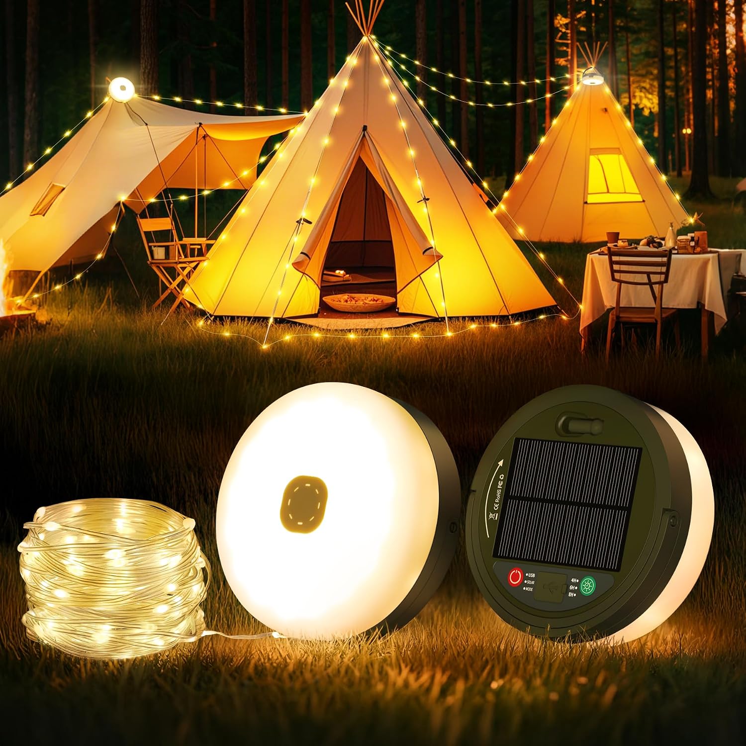 Detalle de Famgoods Solar Camping Lights: 32.8ft Retractable String Lights for Tents and Outdoors