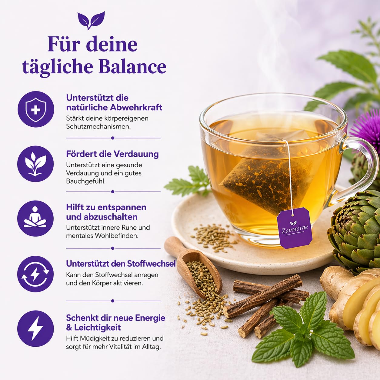 Detalle de Detox Tee zum Abnehmen – 28 Tage Kräutertee mit Leber-Komplex aus Mariendistel, Artischocke & Löwenzahn