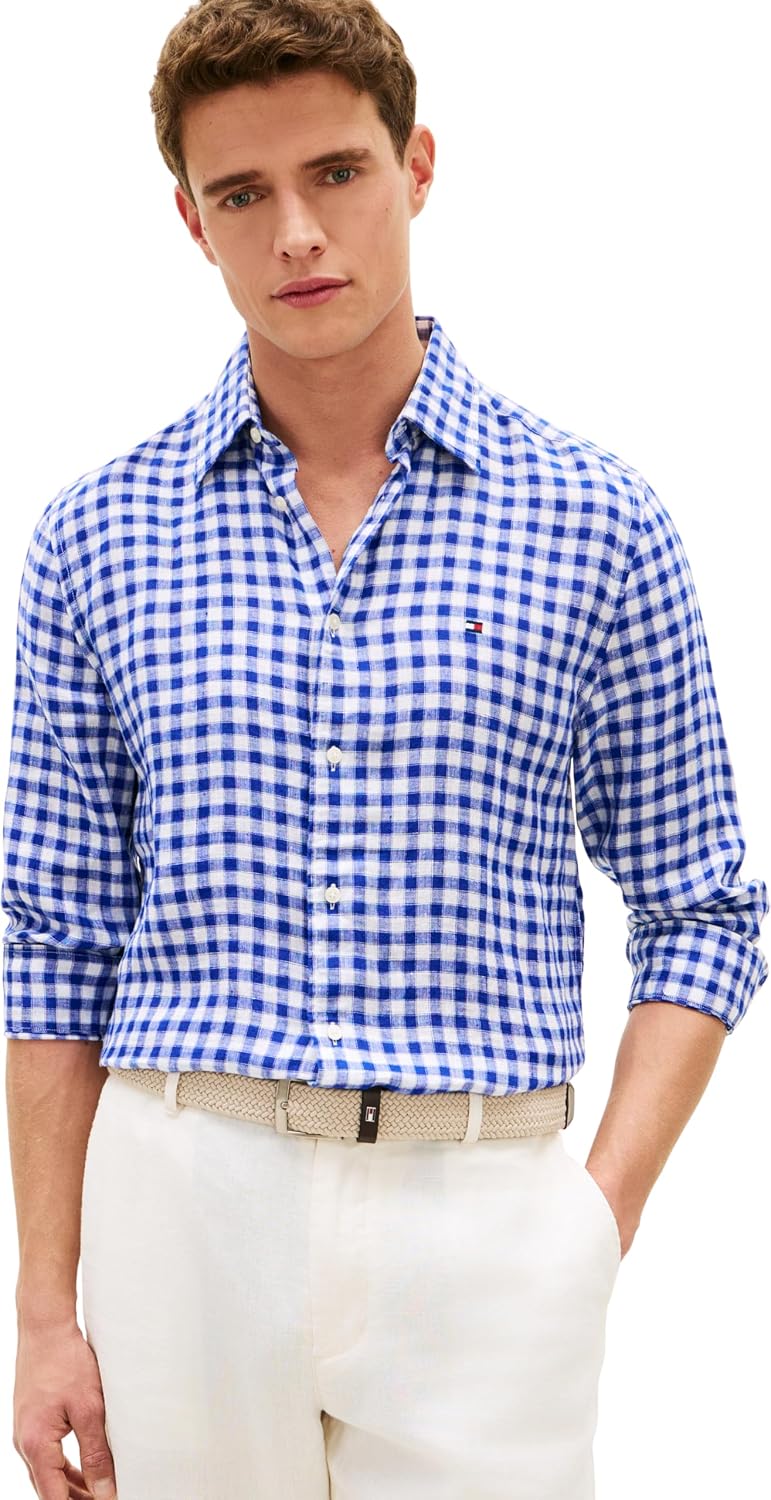 Detalle de Tommy Hilfiger Linen Essential Gingham RF Shirt MW0MW42401 camicia in lino gingham uomo