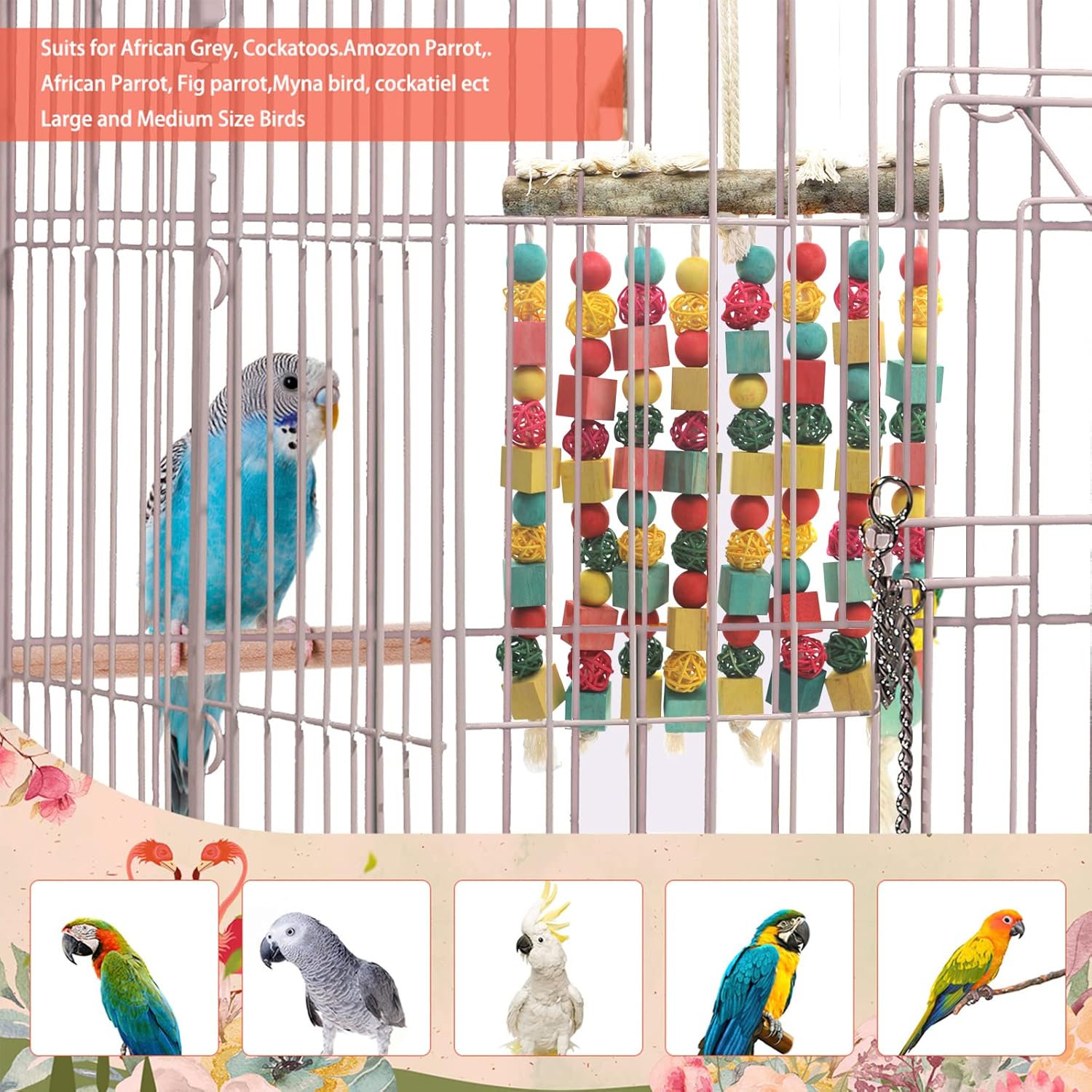 Detalle de MQUPIN Large Parrot Toys: Natural Wooden Blocks for Large Parrots