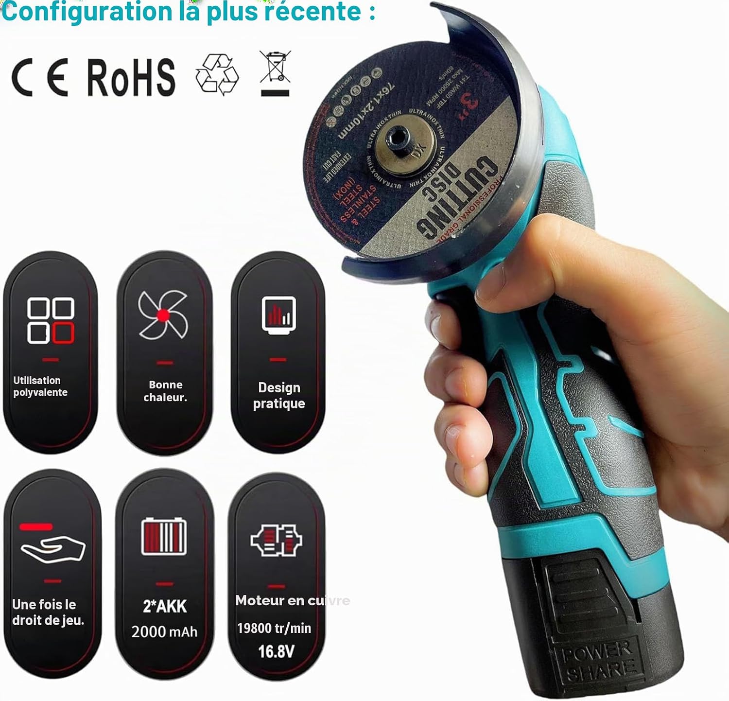 Detalle de Mini meuleuse sans fil 16,8 V – 76 mm, 2 batteries, 28000 tr/min