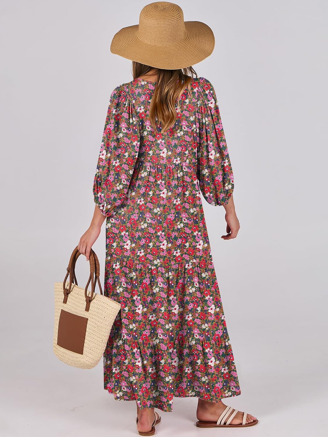 Thumbnail 4 de ANRABESS Women's Boho Floral 3/4 Puff Sleeve Maxi Dress