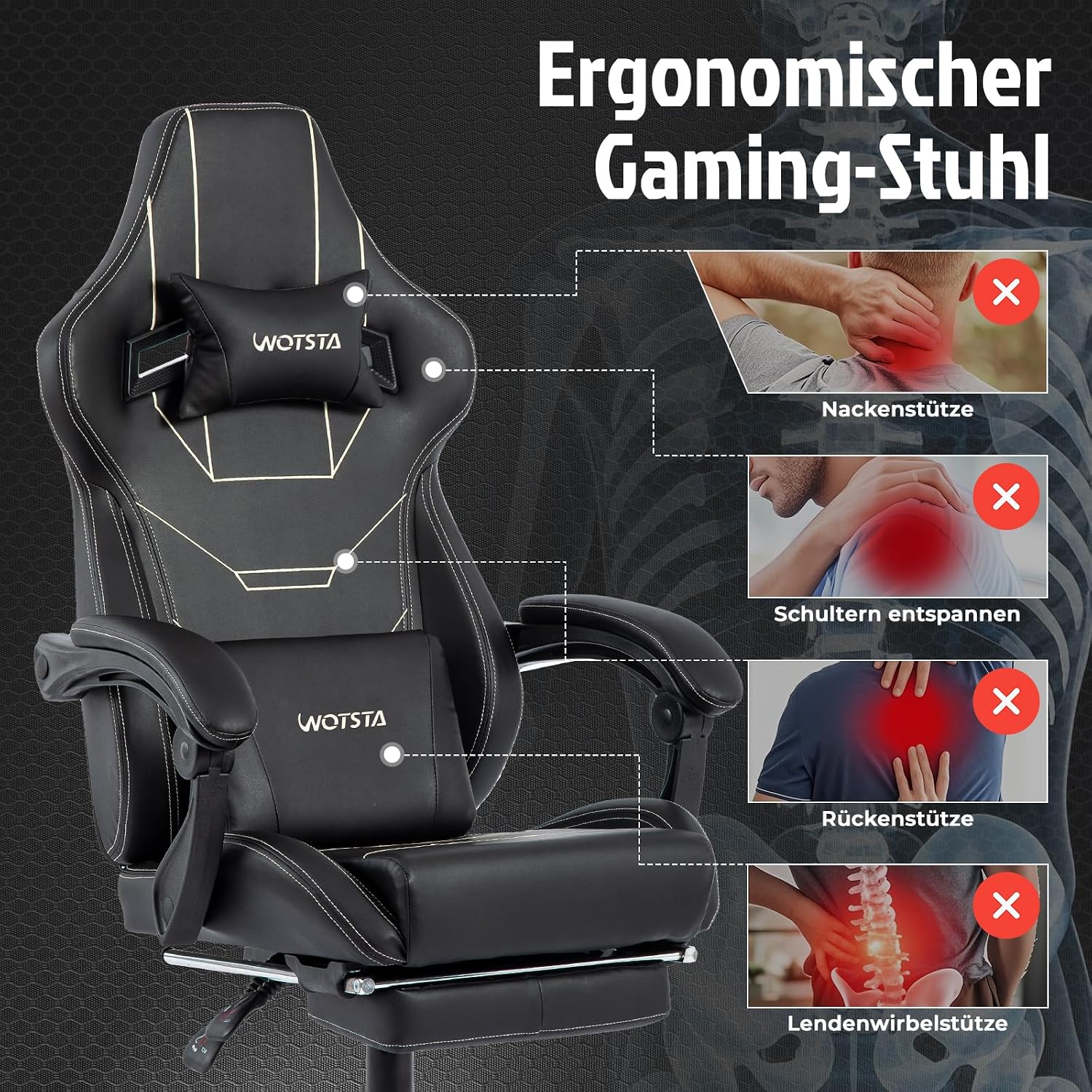 Thumbnail 4 de WOTSTA Gaming Stuhl mit Fußstütze, 90°–155°