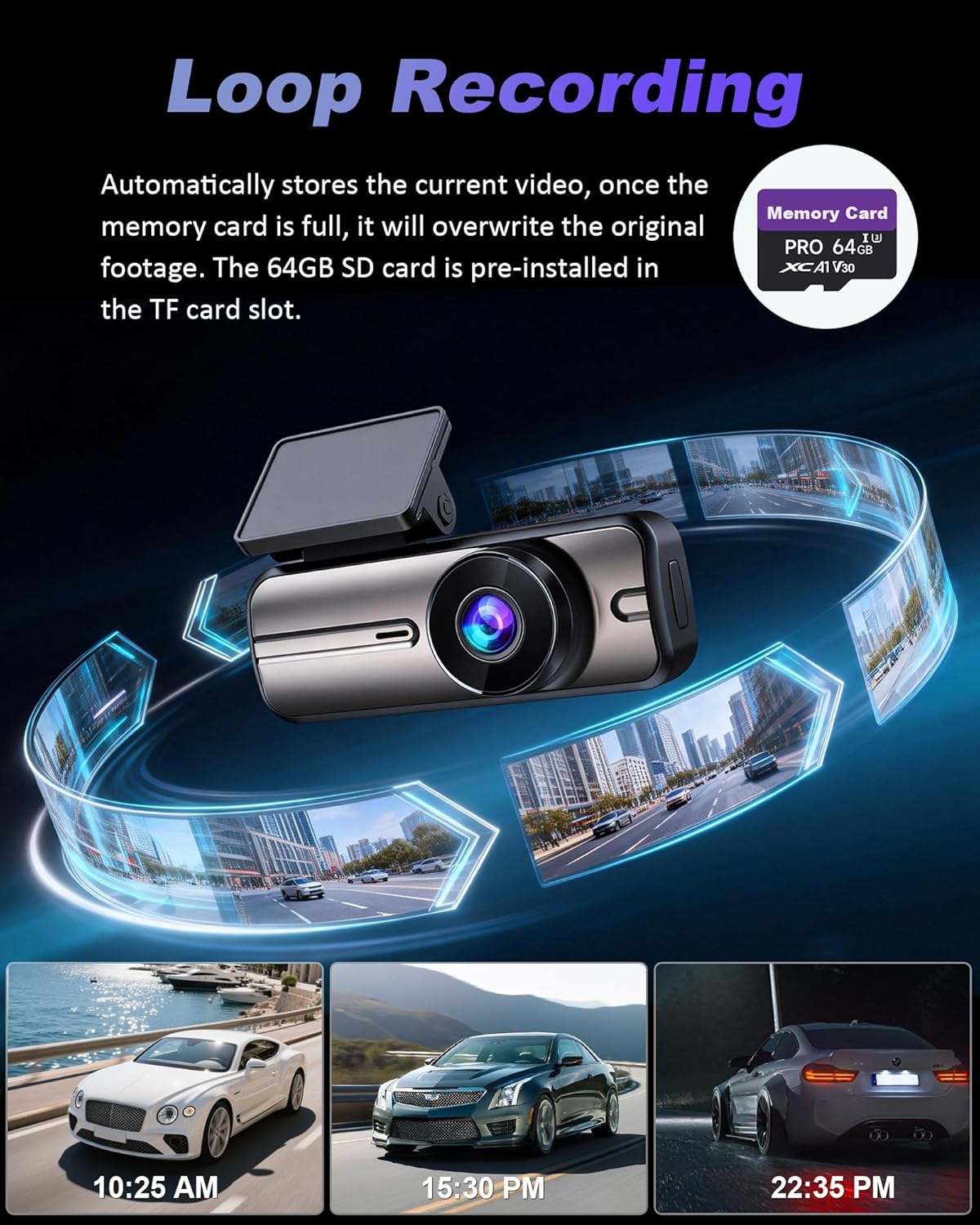 Detalle de Dash Cam Front and Rear 4K+1080P with 5GHz WiFi, Dual Cameras and 64GB Card (App Control)