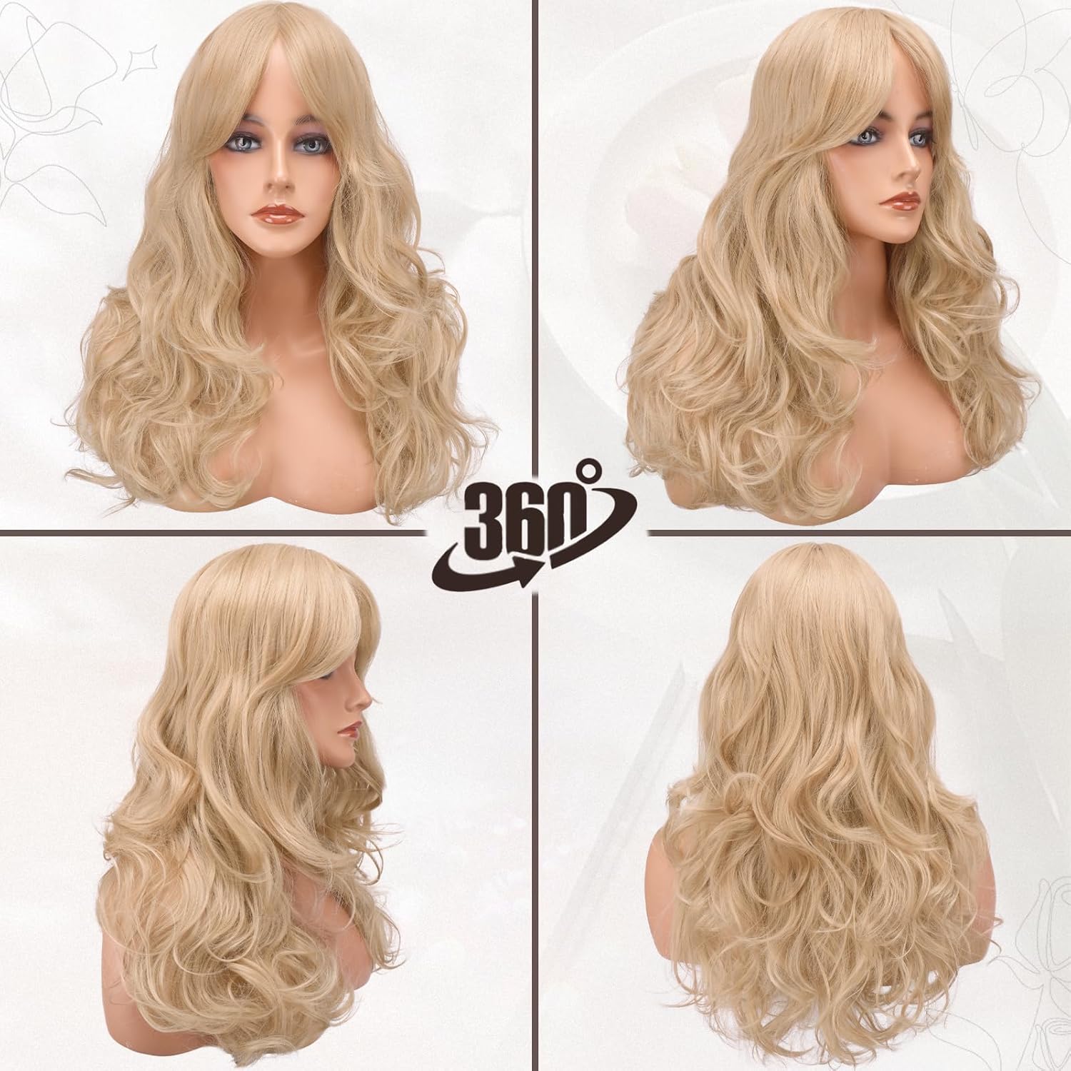 Detalle de BARSDAR Long Blonde Curtain Bangs Wig — 26-Inch Soft, Wavy, Heat-Resistant Synthetic Hair