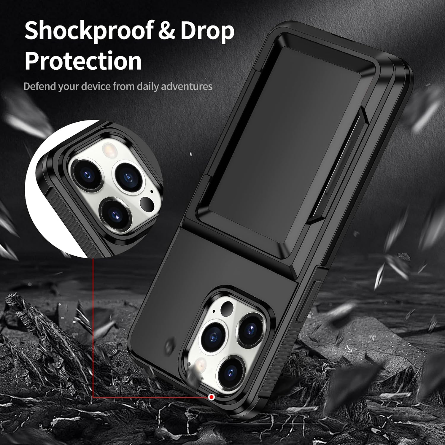 Detalle 2 de Aolcev iPhone 12 / 12 Pro case with card holder (up to 4 cards) – dual-layer shockproof wallet cover, black