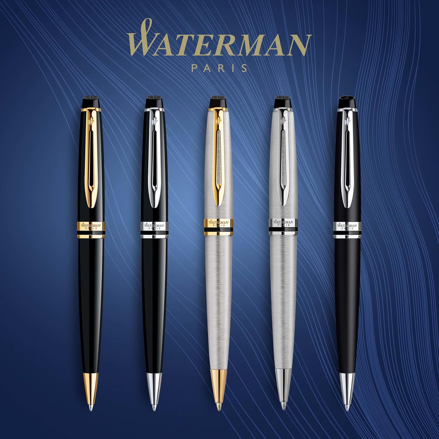 Detalle de Waterman Expert kulspetspenna med mediumspets, blått bläck och svart lack