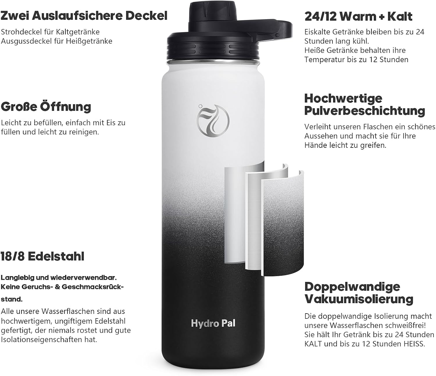 Thumbnail 1 de HydroPal Edelstahl Trinkflasche – 750 ml/1 l/1,2 l/1,9 l: Vielseitige, auslaufsichere Isolierflasche mit zwei Deckeln