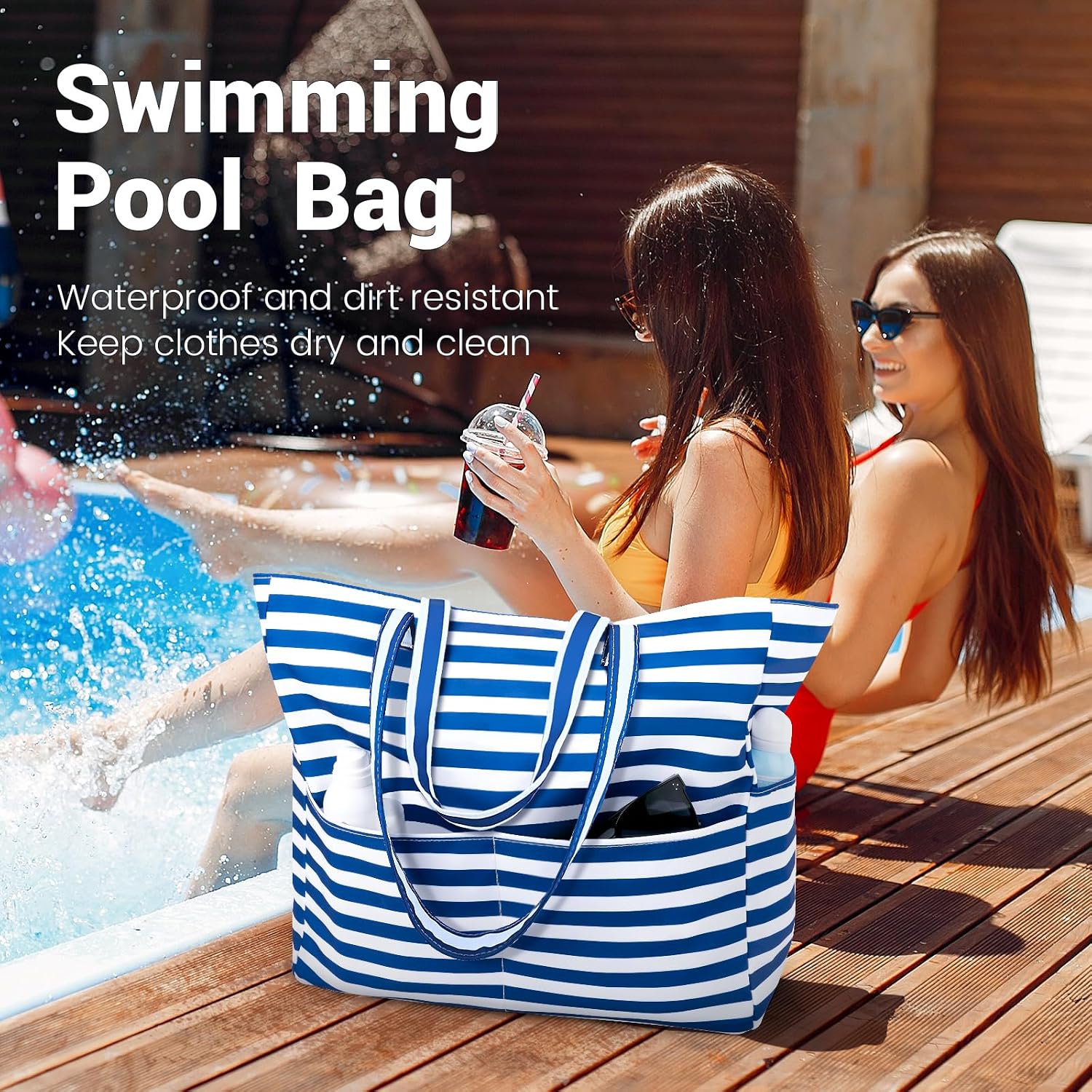 Thumbnail 4 de benpen Large Beach Bag for Women (Waterproof, Zip Top) with 8 Pockets — blue strip