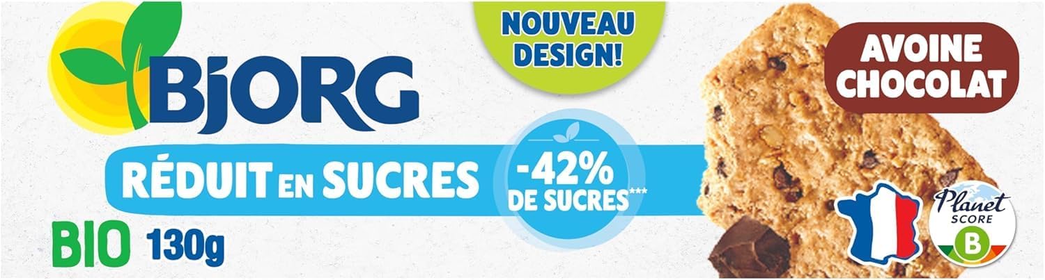 BJORG Nutri+ Biscuits Avoine Chocolat – Lot 3 x 130 g (390 g) - Bio et Riche en Fibres