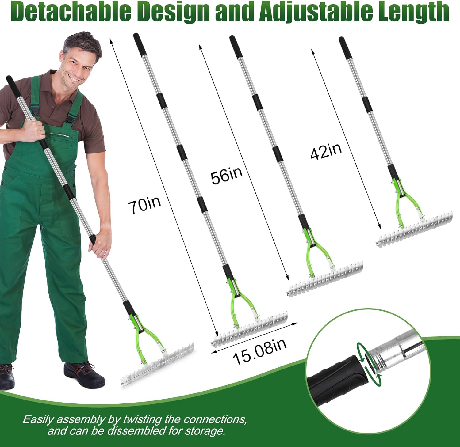 Detalle de Lychee Garden Rake: 15-Inch Thatching Rake with 19-Gallon Bag & Gloves (Green)
