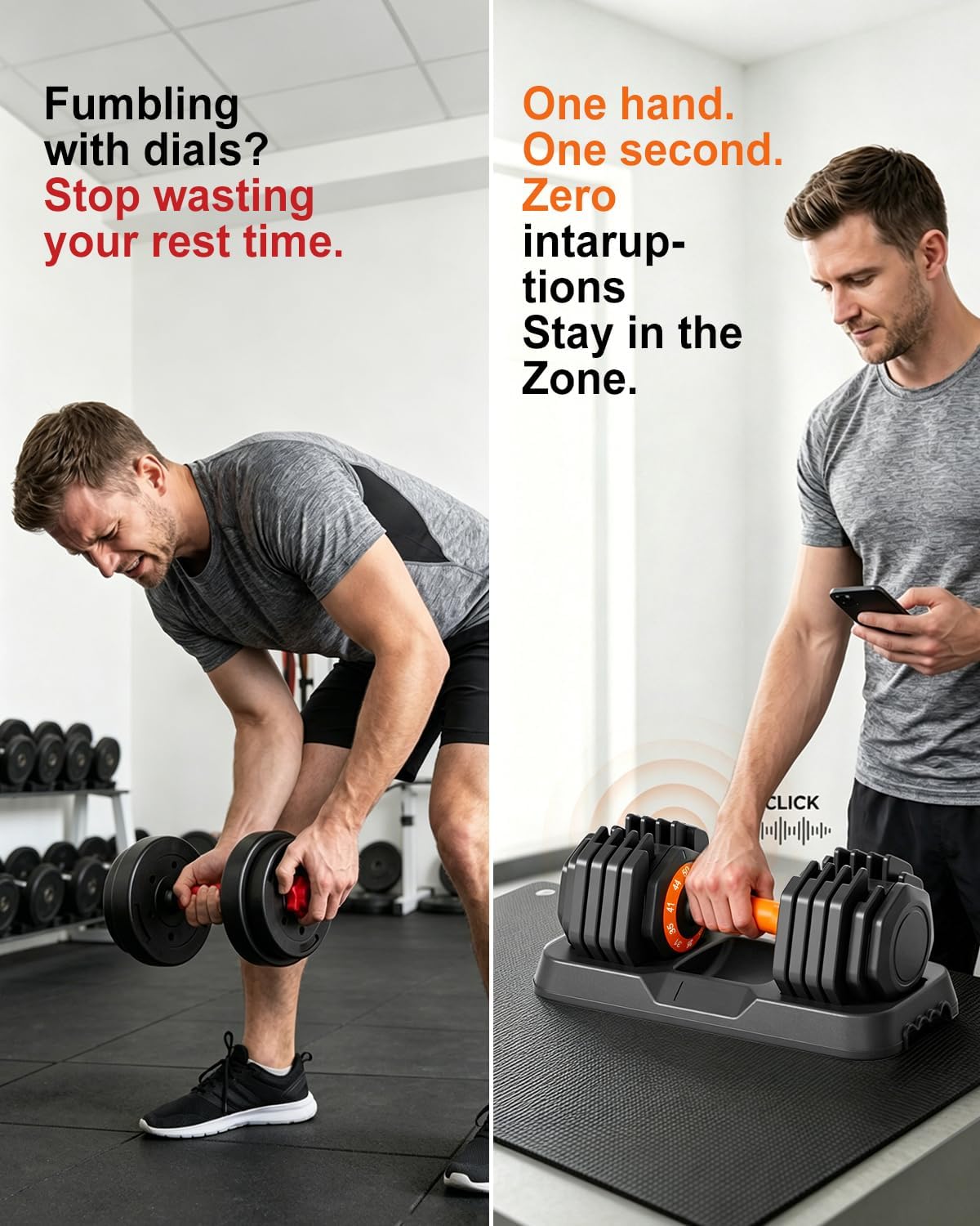 Detalle 2 de WLR 10-in-1 Adjustable Dumbbell Set with Quick-Dial Weights and Silicone Grip