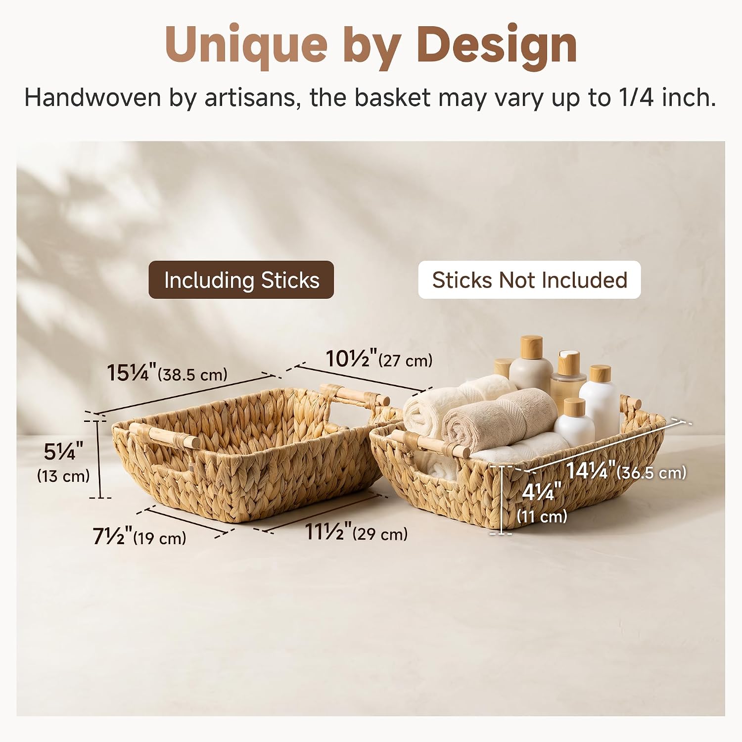 Detalle de StorageWorks Hand-Woven Water Hyacinth Baskets, 2-Pack with Wooden Handles