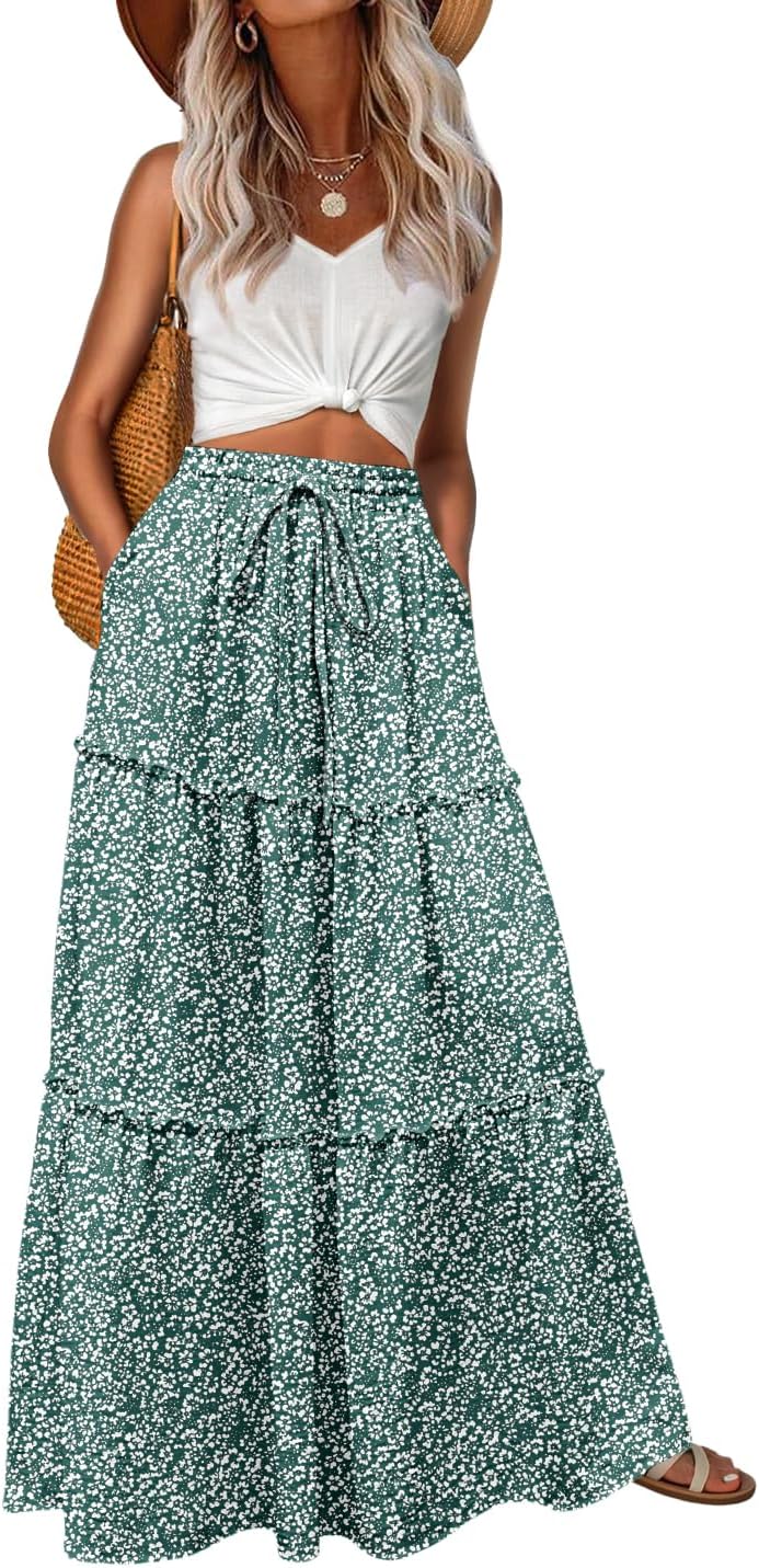 Detalle de Qixing Long Skirts for Women Pleated A-Line Maxi Skirt with Pockets