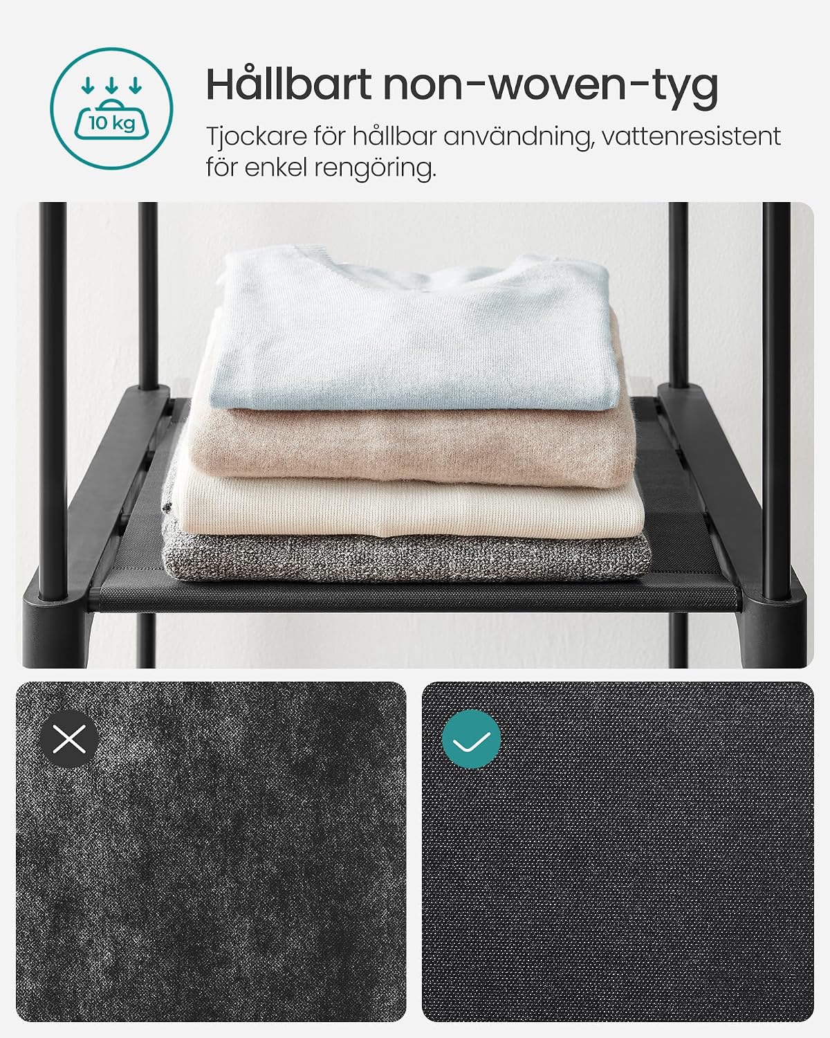 Detalle de SONGMICS RYG036B02 klädställ med fyra hängsektioner och hyllor