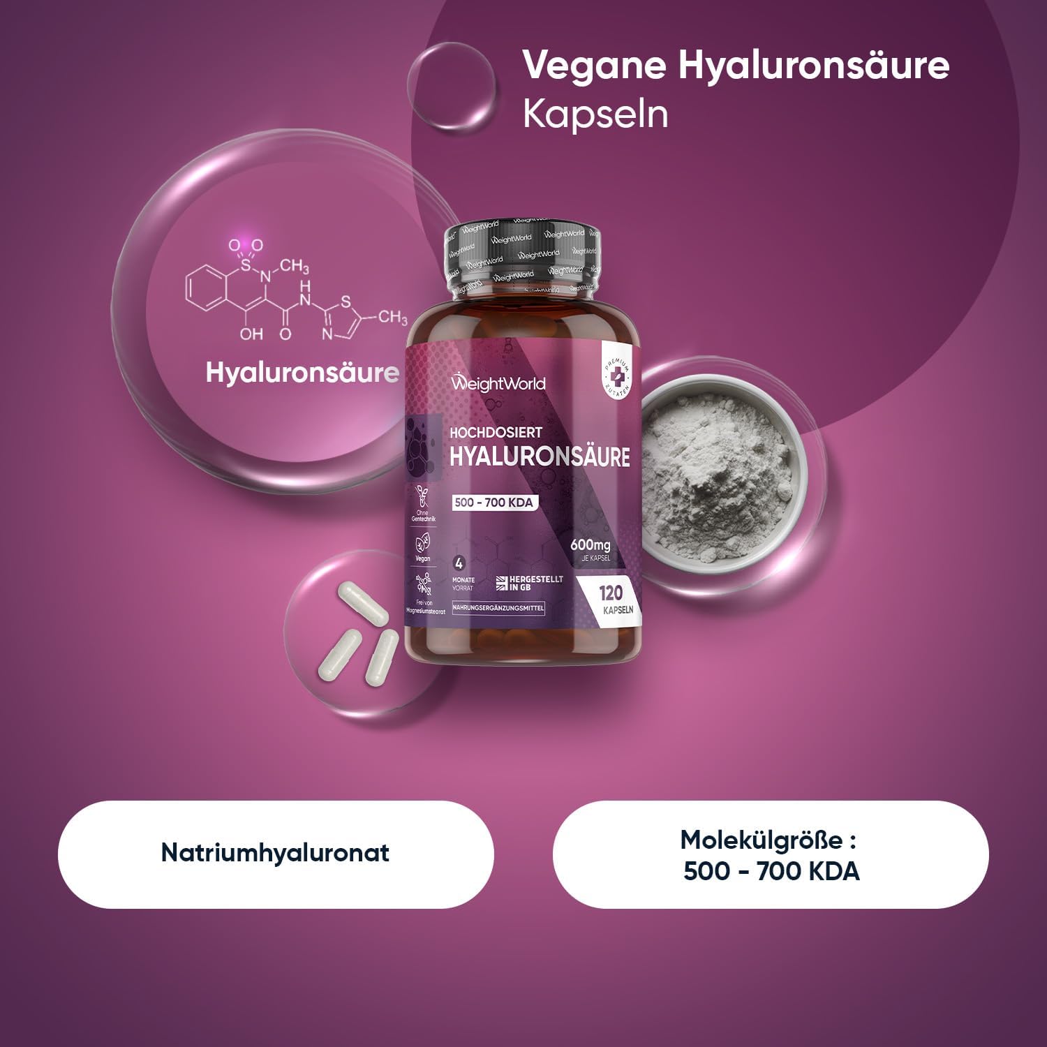 Thumbnail 1 de WeightWorld Hyaluron Kapseln (600 mg) – 120 vegane Kapseln mit Hyaluronsäure, 4 Monate Vorrat