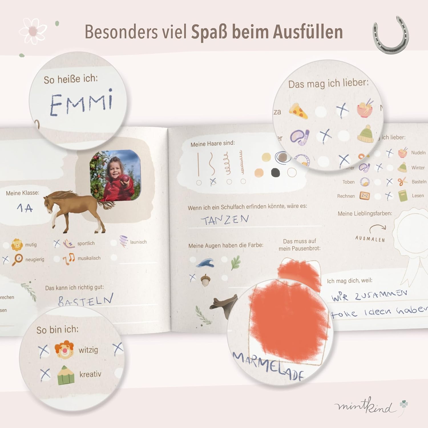 Detalle 2 de mintkind® Schulfreundebuch Pferde für Mädchen (DIN A5, Hardcover, 30 Freundeseiten) – mit Geburtstagskalender & Malrätseln