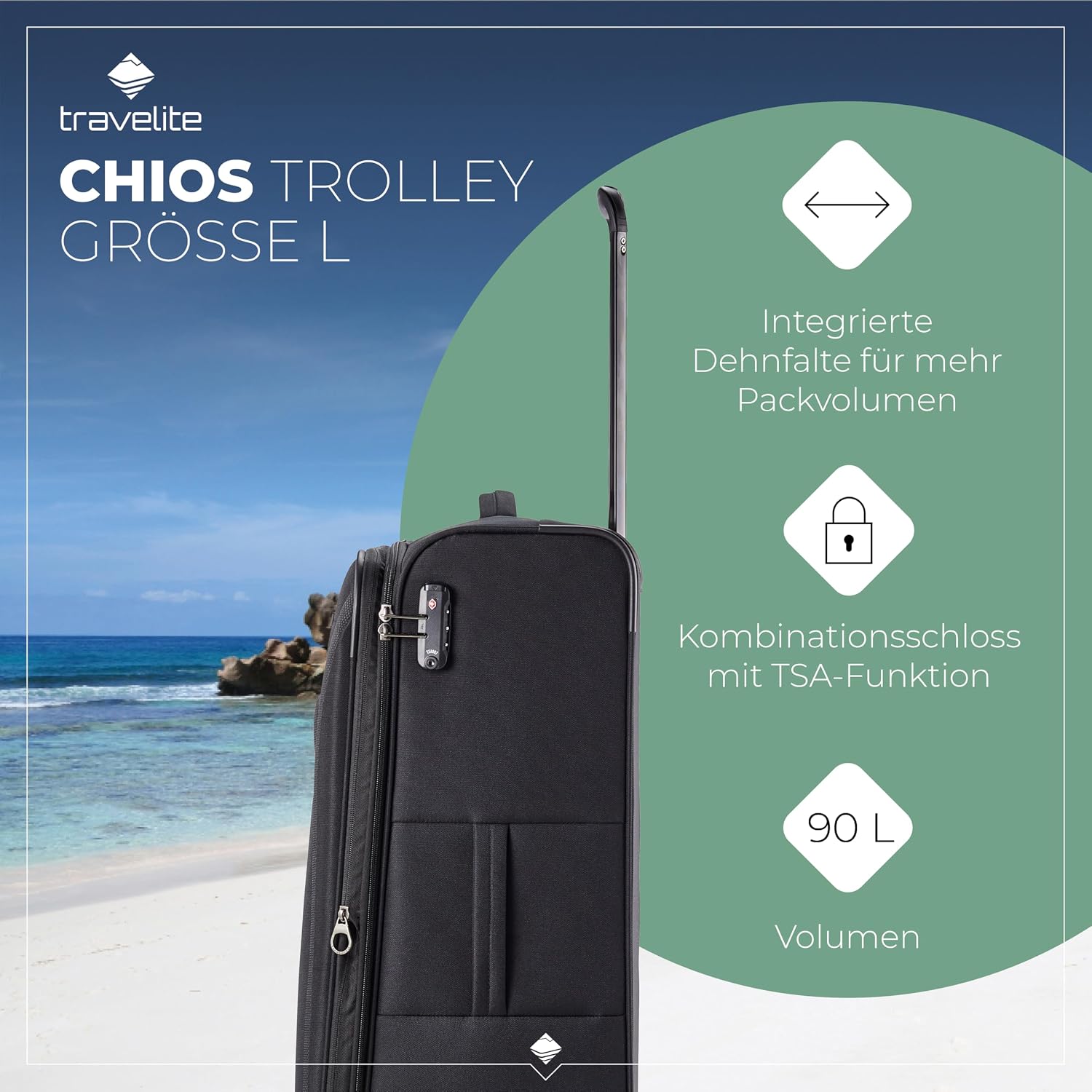 Detalle de Travelite Chios 78 cm Weichschale Koffer – 90–97 L, Dehnfalte, Kantenschutz, TSA-Schloss