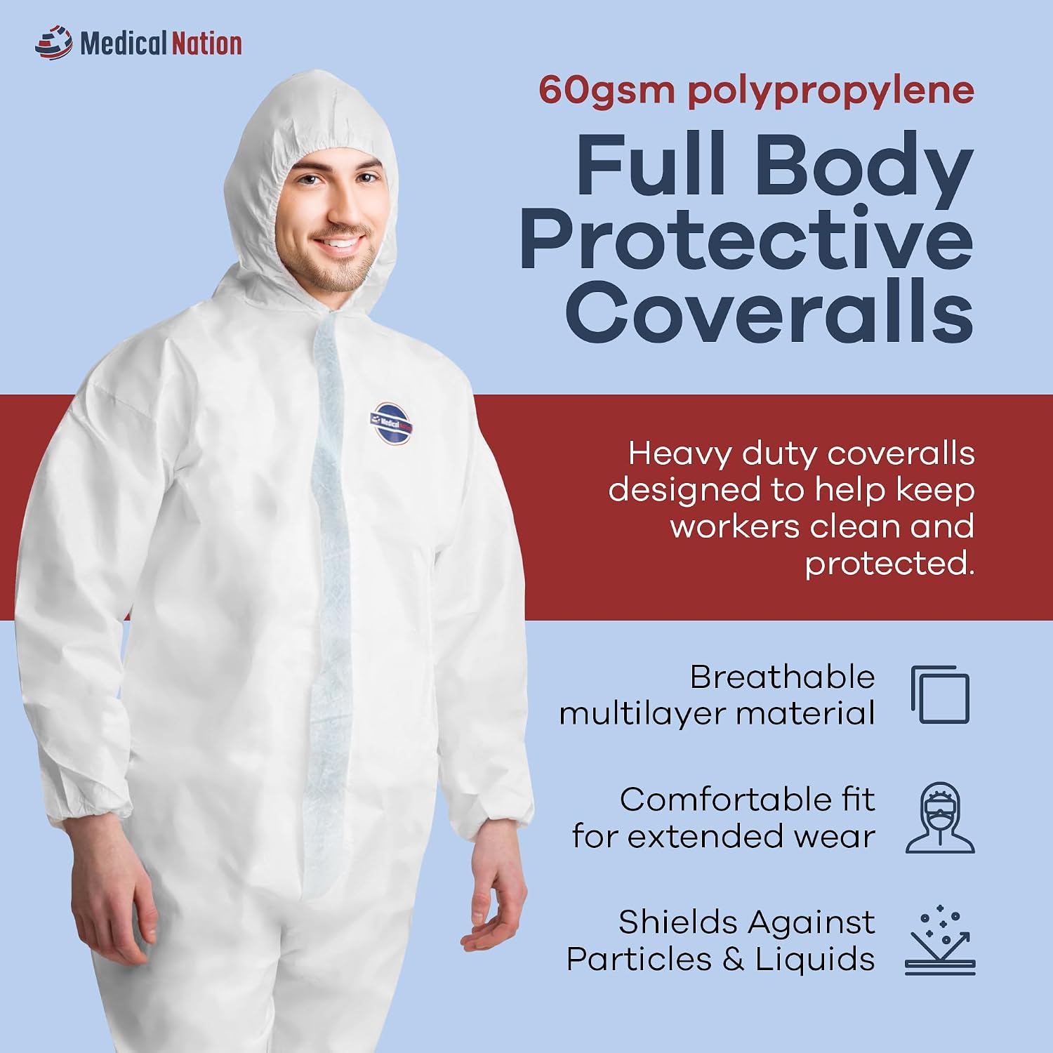 Detalle de Medical Nation Disposable Hooded Coveralls, Waterproof, Breathable, 1 or 10 Pack
