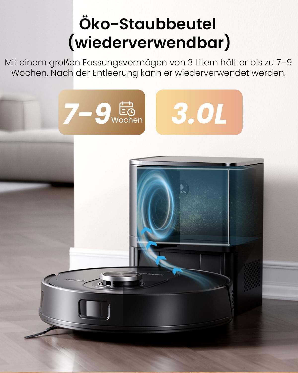 Detalle de Proscenic Q8 Max Saugroboter mit Wischfunktion – starke 8000 Pa, LiDAR-Navigation, 5 Karten und 3-Liter-Staubbeutel