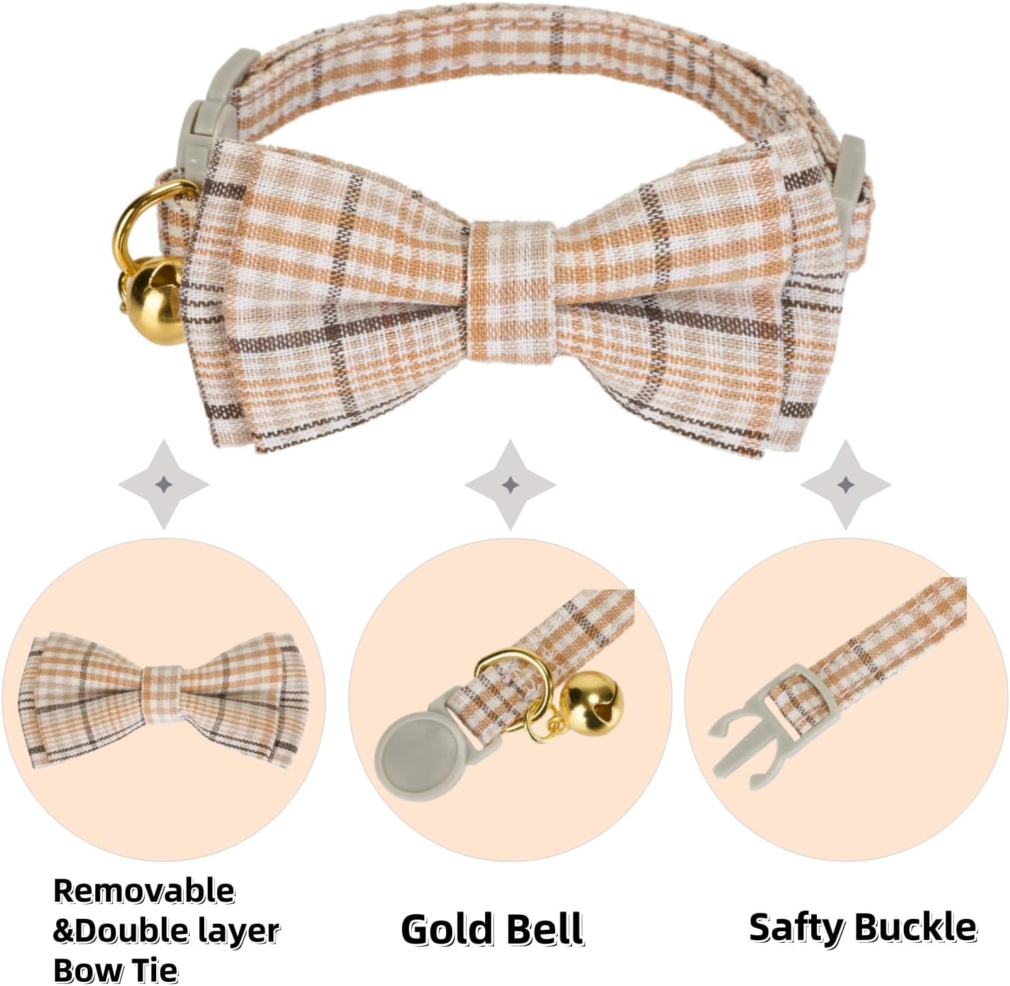 Detalle de YUDOTE 2 Pack Plaid Pet Collar (Red & Beige) with Bow Tie & Bell – Adjustable Fabric Collar for Small Cats