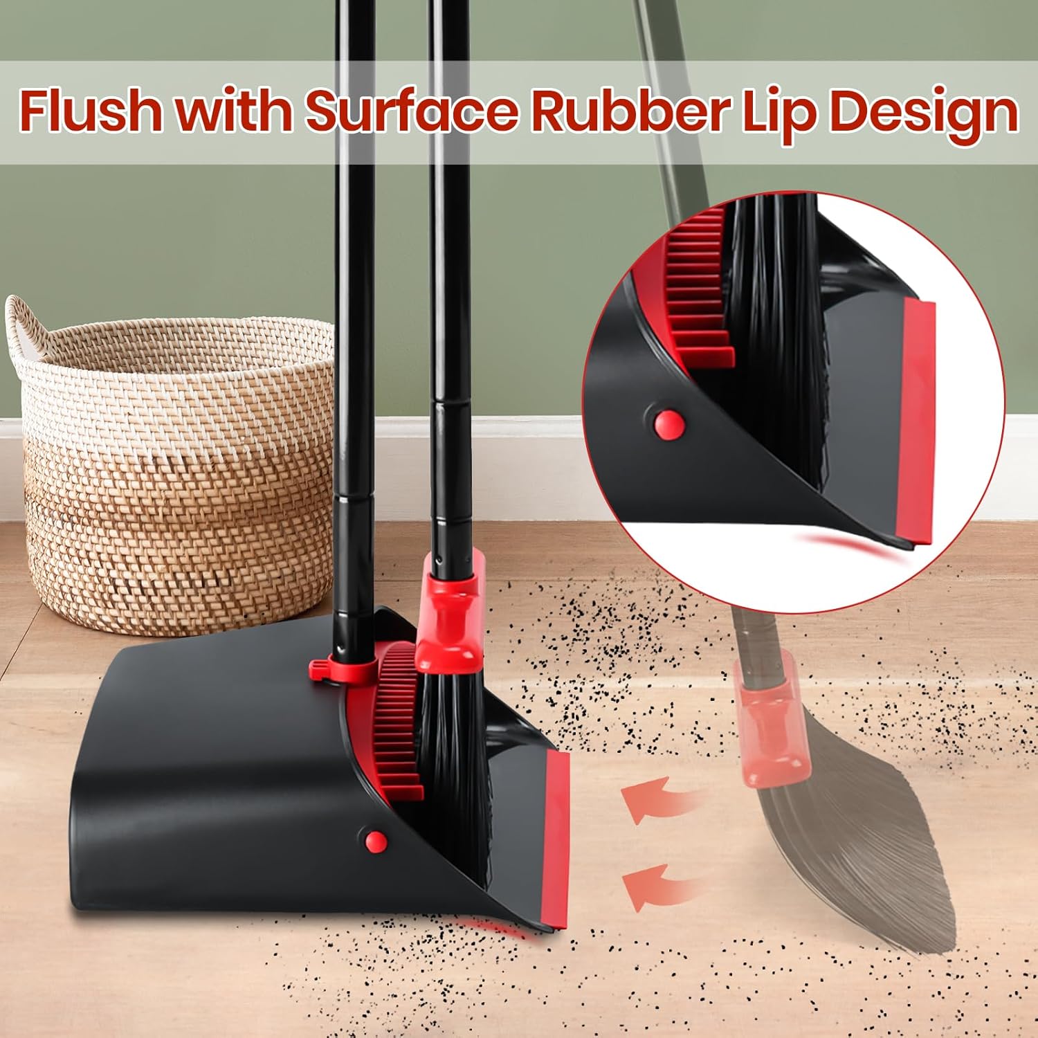 Thumbnail 6 de TreeLen Dust Pan and Broom Combo with 52" Handle and Upright Stand (Black/Red)