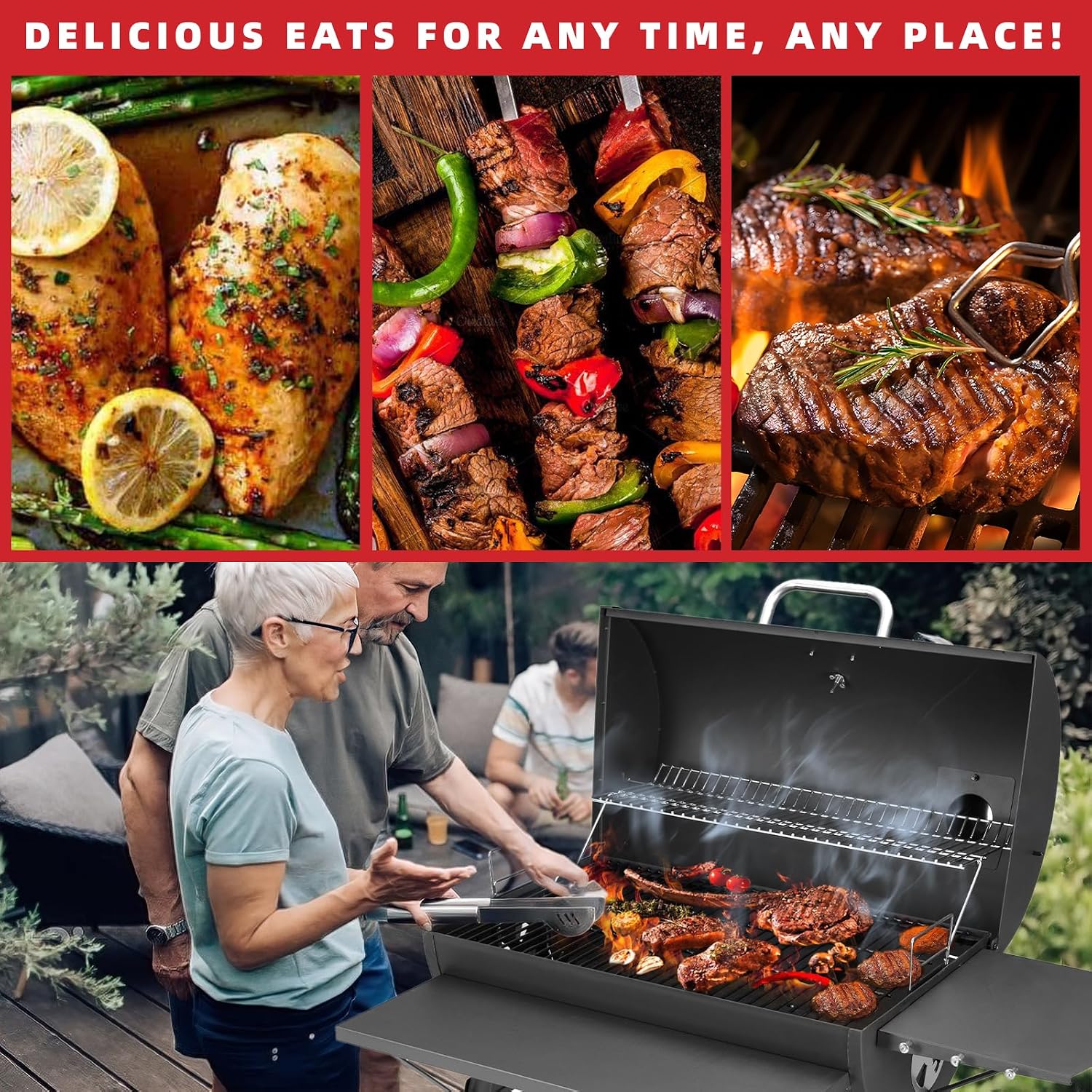 Thumbnail 6 de Holzkohlegrill mit Deckel & Grillwagen: Kohlegrill mit Grillrost und Thermometer