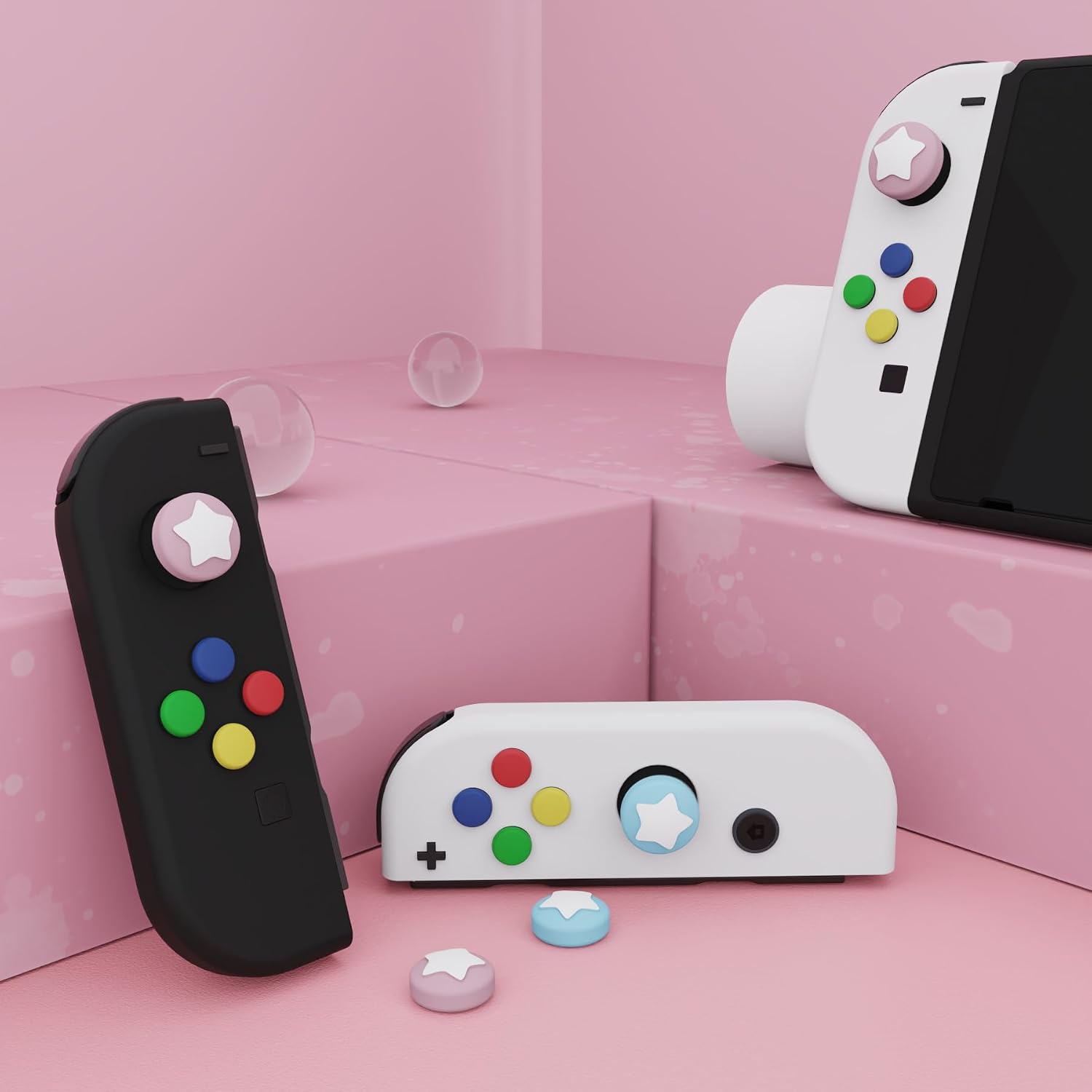 Detalle de eXtremeRate PlayVital Star Design Cute Switch Thumb Grip Caps – Cherry Blossoms Pink & Heaven Blue