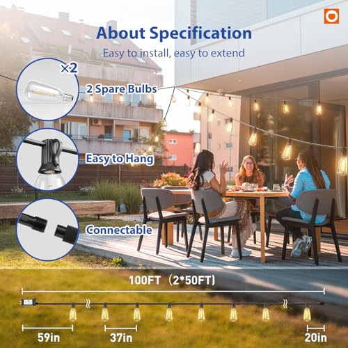 Detalle de addlon 100FT Outdoor String Lights ST38 LED with Remote – Weatherproof, Dimmable, and Ready for Outdoor Gatherings