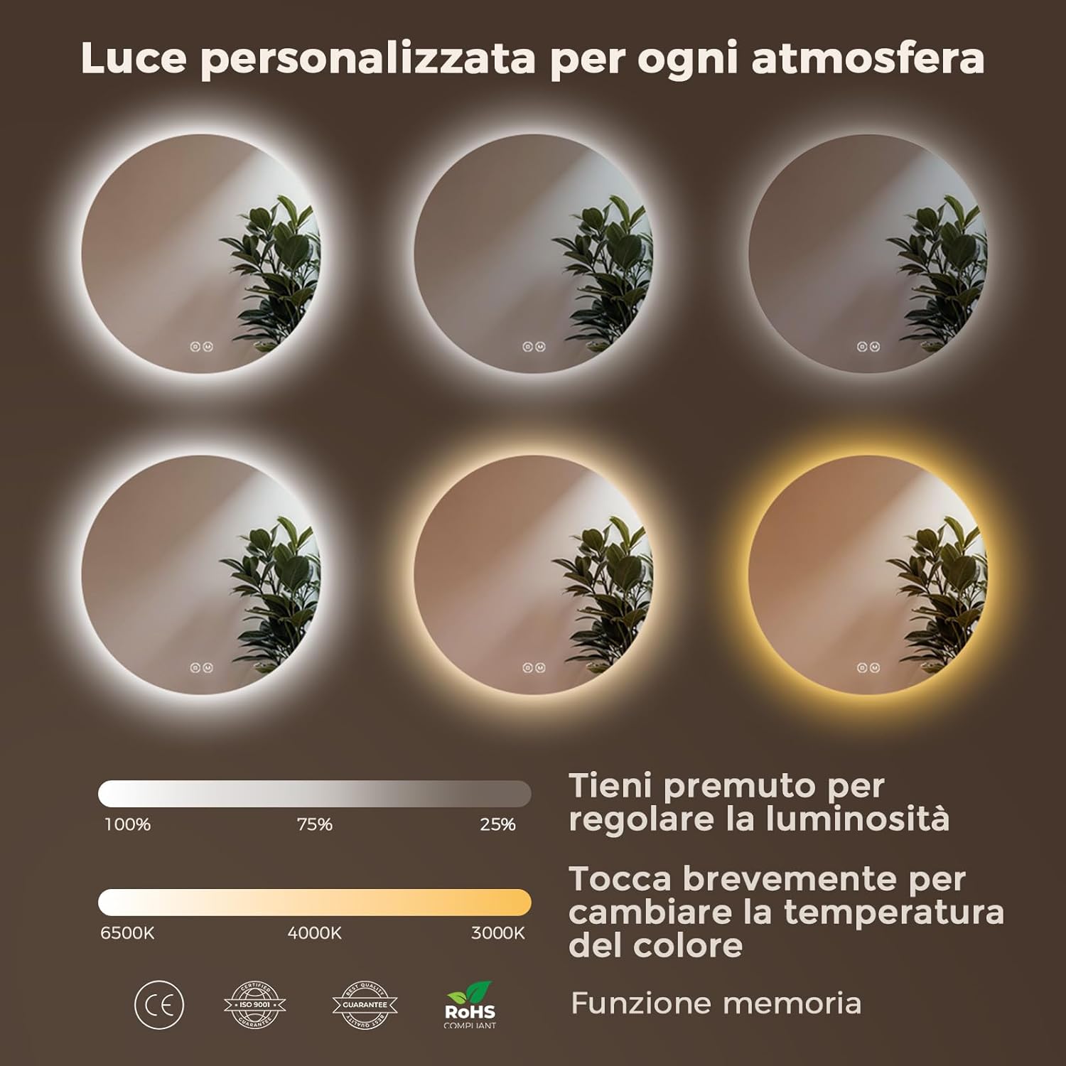 Thumbnail 4 de S’AFIELINA specchio da bagno rotondo LED da 70 cm con illuminazione dimmerabile e touch