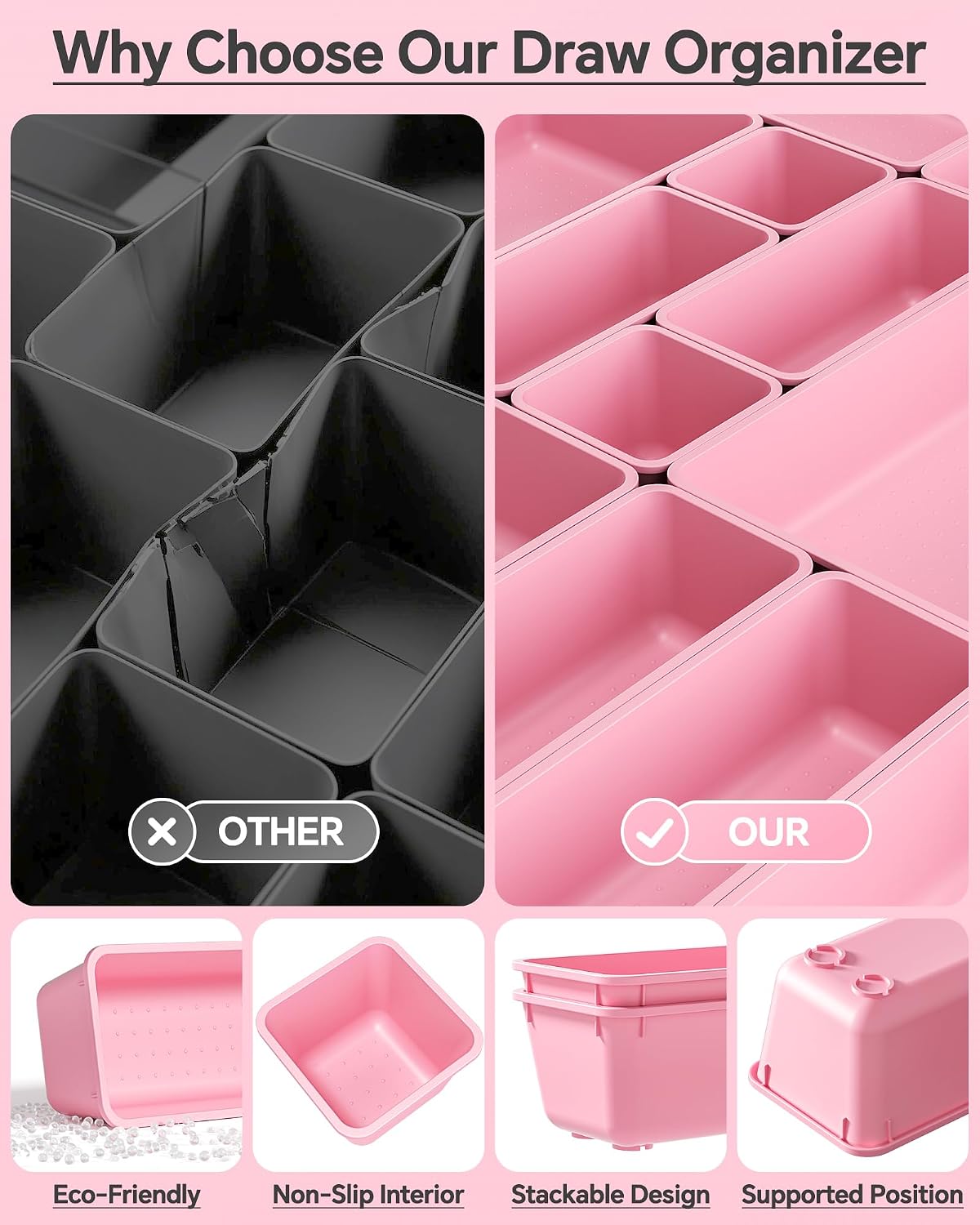 Thumbnail 4 de KEMETHY H25-Pink 25-Piece Plastic Drawer Organizer Set, 4 Sizes