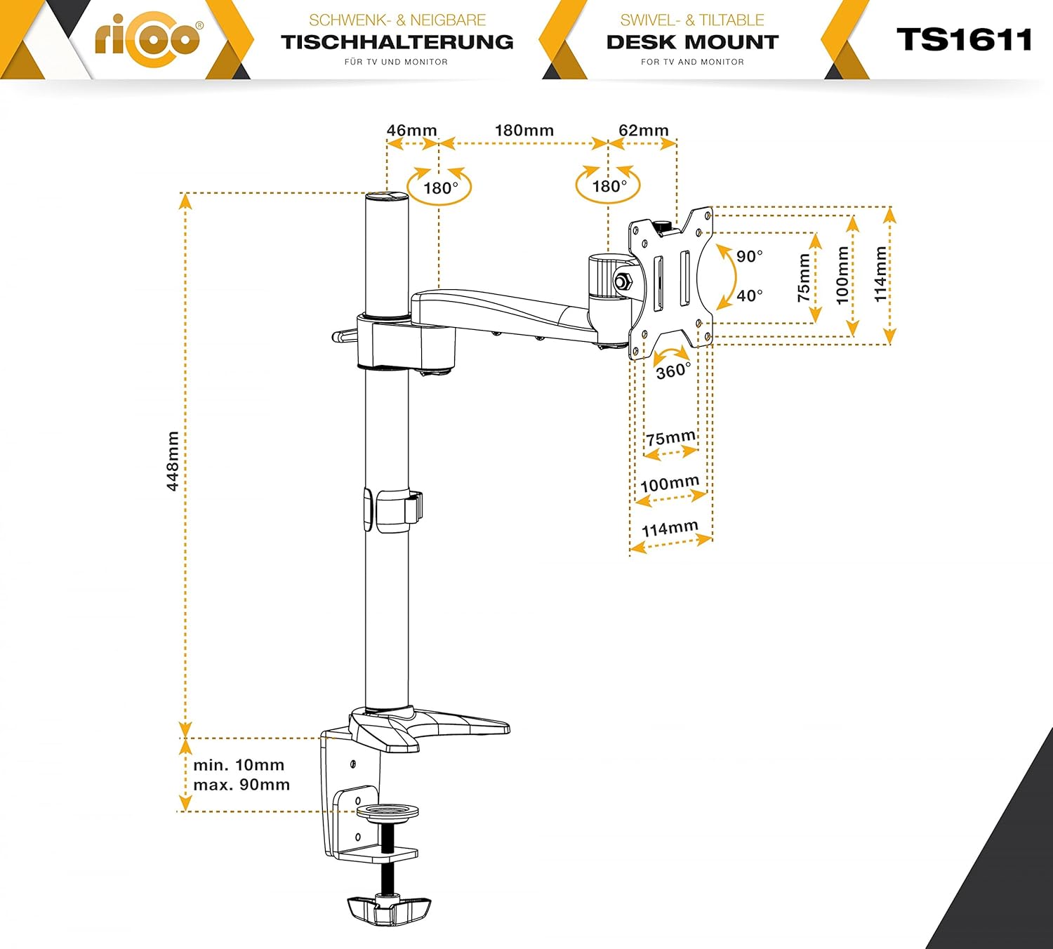 Thumbnail 4 de RICOO TS1611 Support PC pour 1 écran : pince de table, orientable et inclinable (13 à 30")