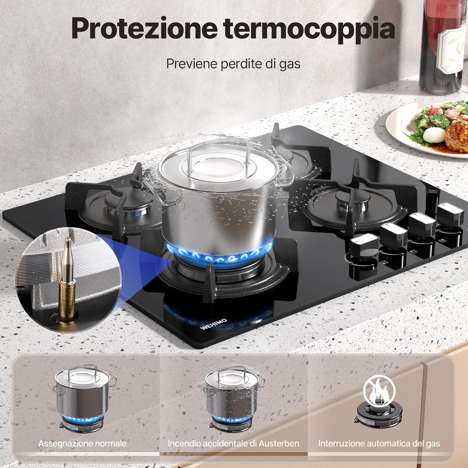 Thumbnail 3 de WEHIMO Piano Cottura a Gas 4 Fuochi da Incasso 60 cm – Vetro Nero, 7800W, Protezione Flame-Out