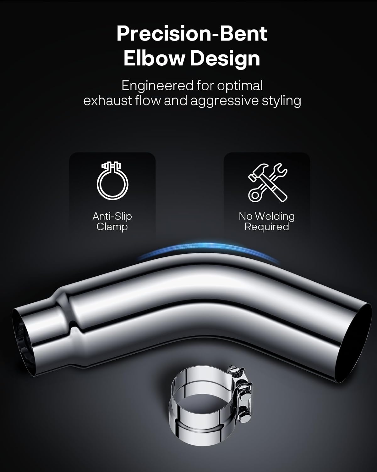 Detalle de JY PERFORMANCE 5 Inch ID Diesel Exhaust Tip Elbow — 5" Inlet, 6" Outlet, 23" Long Chrome Turndown with Clamp