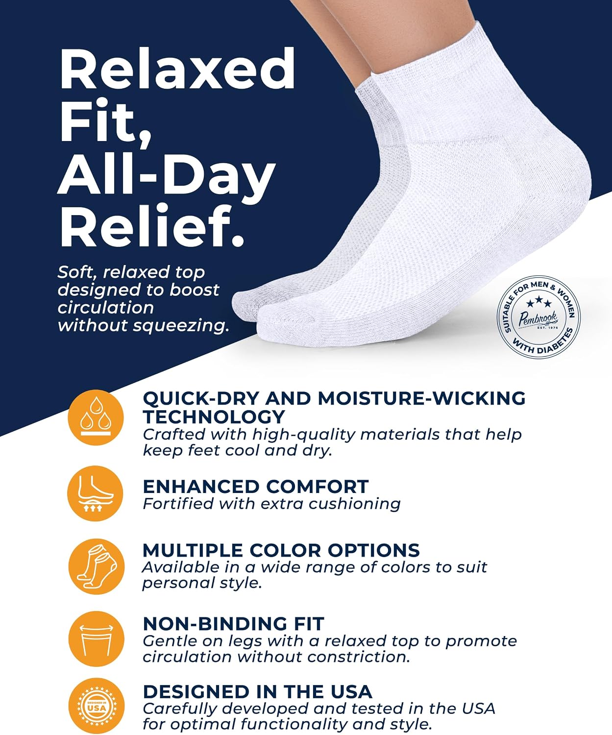 Detalle de Pembrook Ankle Diabetic Socks for Women & Men – 6 Pairs, Wide Non-Binding Quarter Length, Edema & Neuropathy Relief