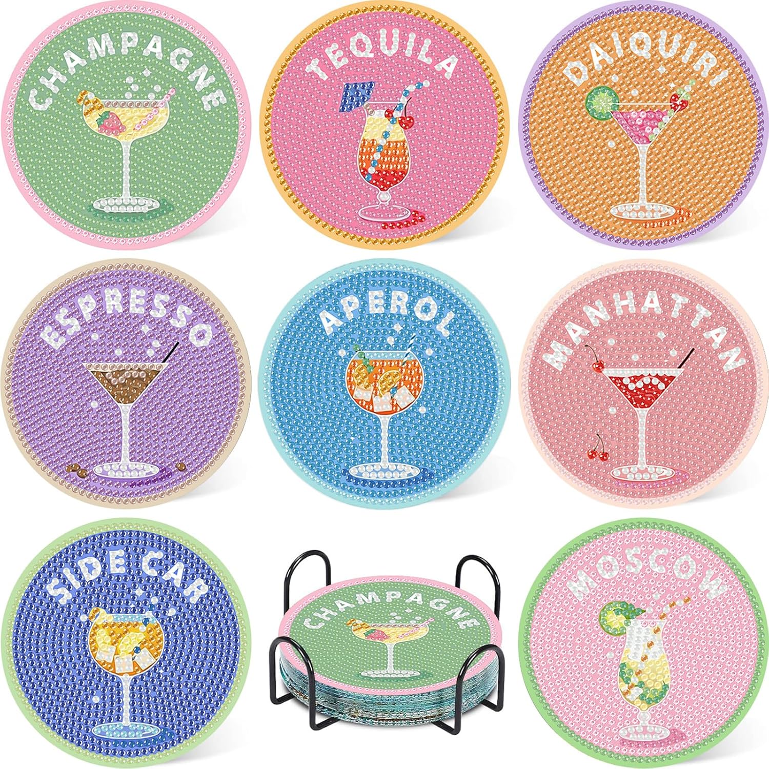 Detalle de hkejoi BDWY205 Cocktail Diamond Art Coaster Kit, 8 Wood Coasters with Stand