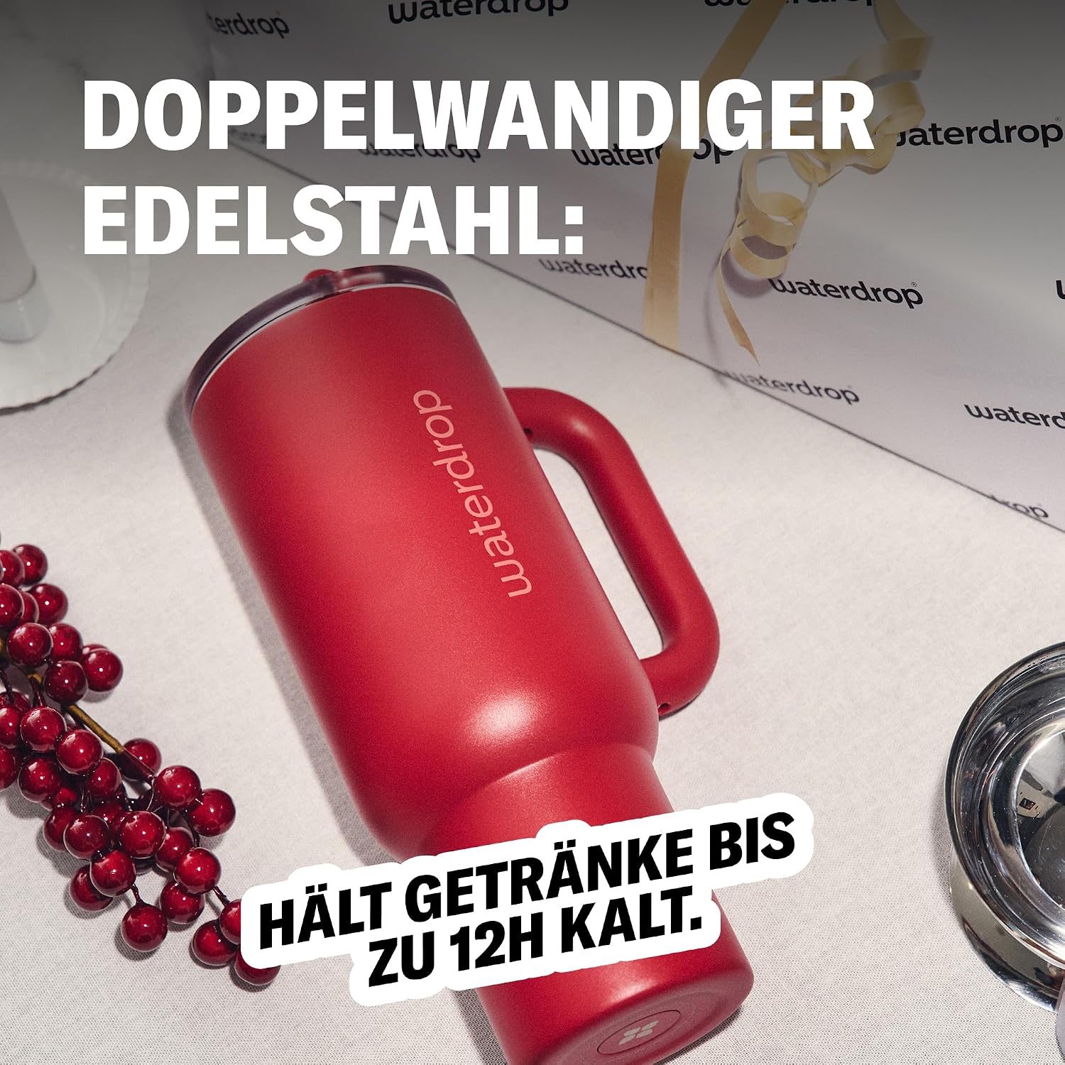 Detalle de waterdrop® Thermobecher mit Strohhalm 1,1L – Auslaufsichere Edelstahl-Trinkflasche mit klappbarem Mundstück