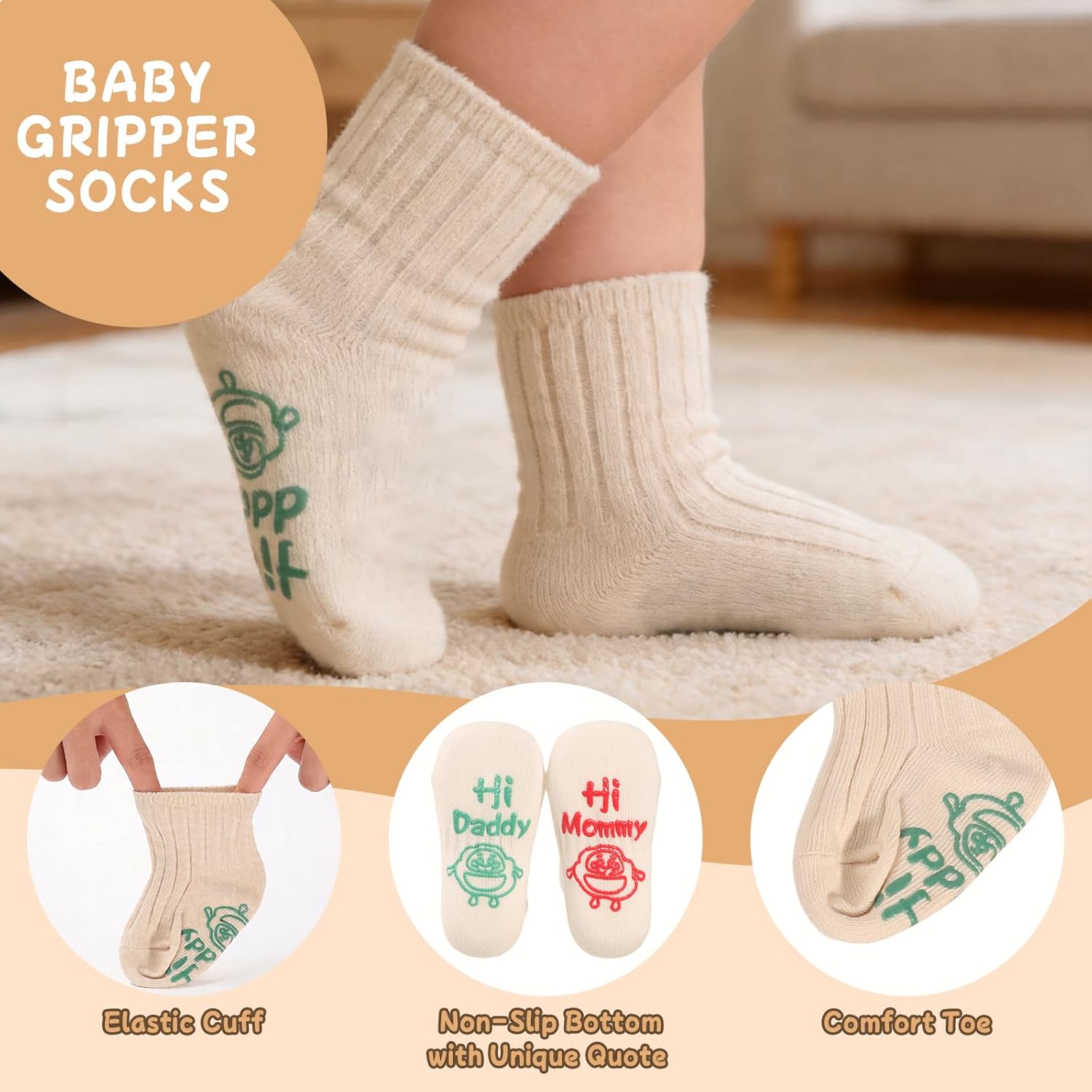 Detalle de October Elf 6 Pairs Baby Grip Socks: Non-Slip Cotton Baby Socks for 0–12 Months