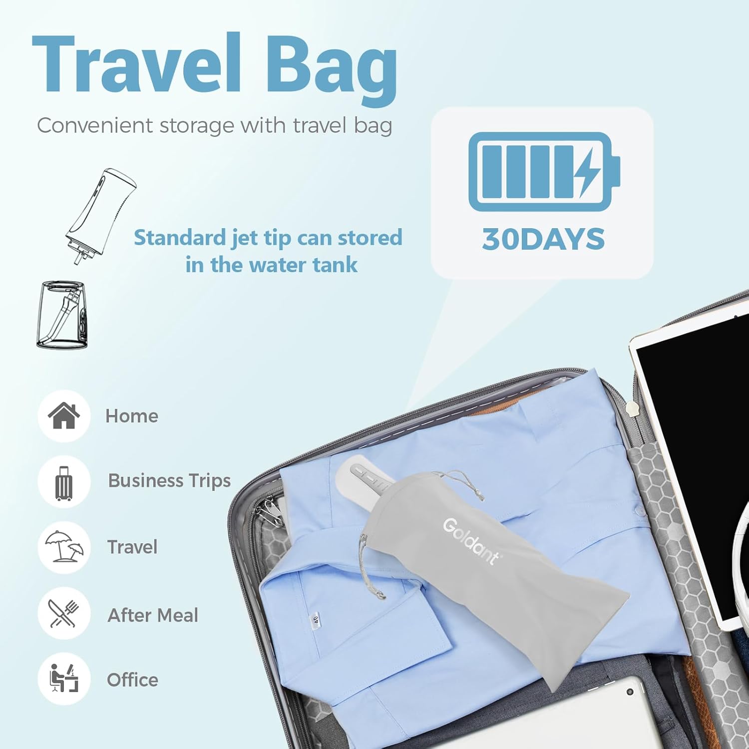 Detalle de GOLDANT 2026 cordless water flosser 350ml with travel bag, 5 modes and IPX7 waterproof (White)