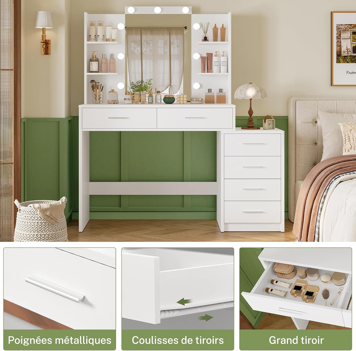 Detalle 2 de TEENFON ENSTA031WD-ZF Vanity Table with Mirror, Lighting and 6 Drawers