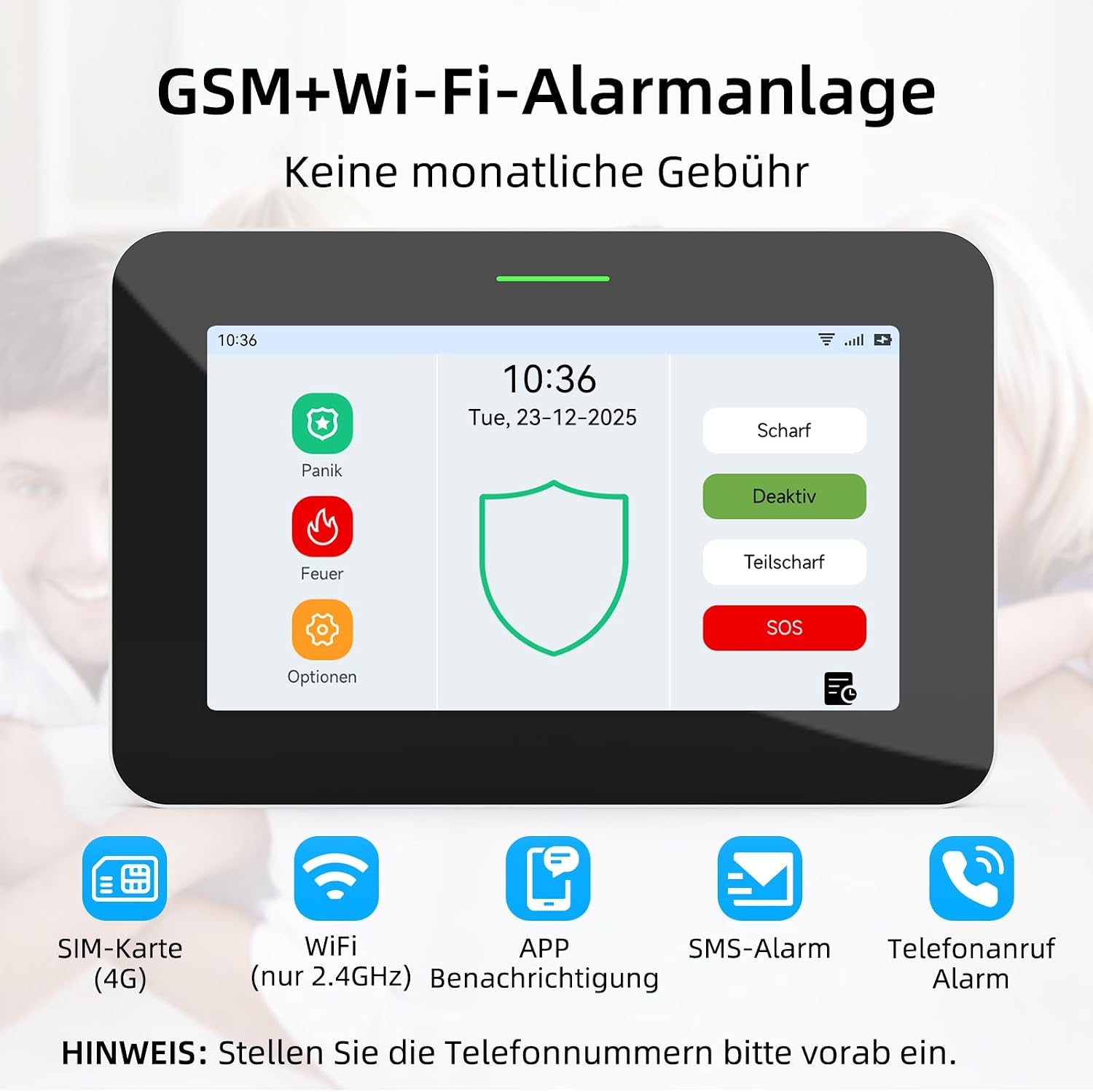 Detalle de CPVAN GSM+WiFi Alarmanlage fürs Haus mit 7-Zoll Touchscreen, App/SMS/Anruf, 110 dB