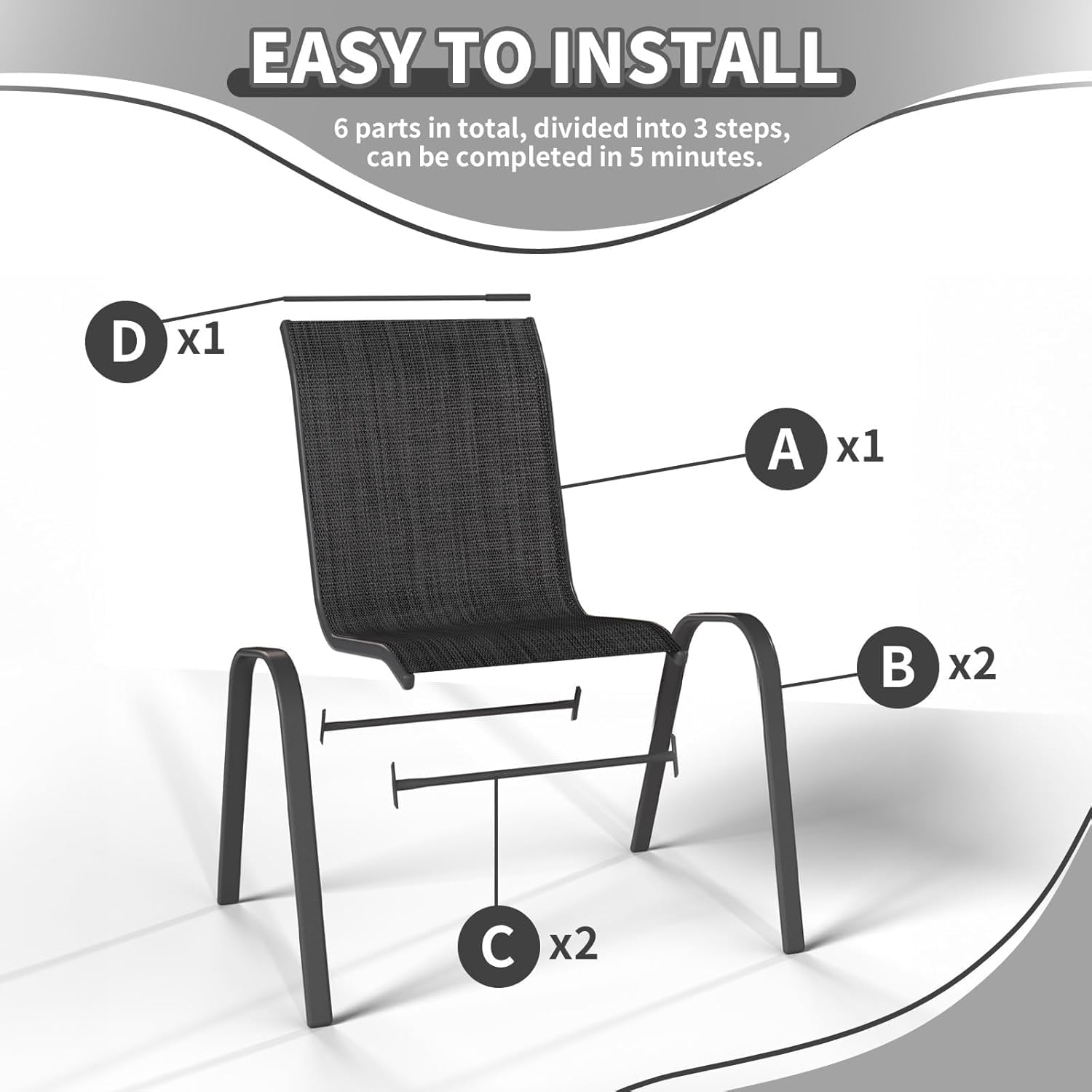 Thumbnail 6 de UDPATIO Set di 6 Sedie da Giardino Impilabili Nero – Textilene, Schienale Alto e Braccioli (62 x 67 x 96 cm)