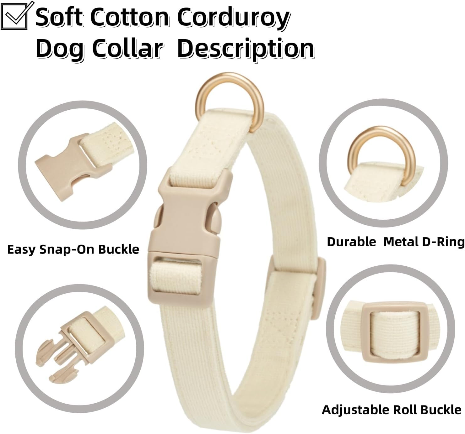 Thumbnail 3 de YUDOTE Soft Corduroy Dog Collar with Plastic Clip – Comforty and Adjustable for Large Dogs, Cream