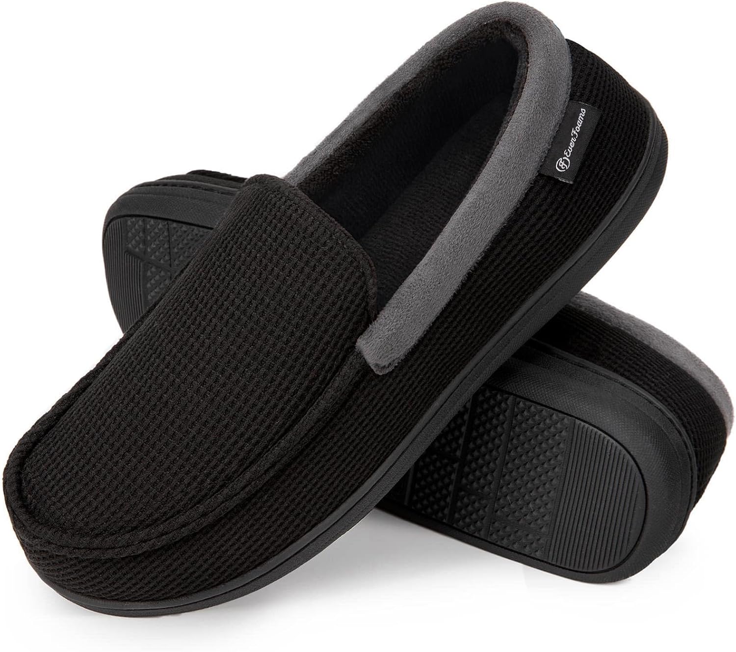 Detalle de EverFoams Men’s Comfort Memory Foam Moccasin Slippers with Breathable Terry Cloth & Anti-Skid Sole