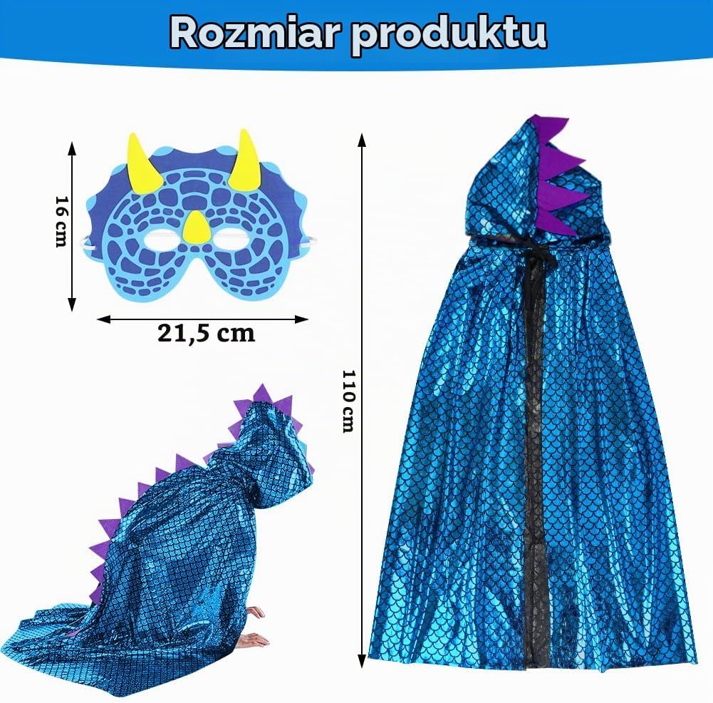Detalle 2 de Aomig 4157198 – peleryna dinozaura dla dzieci z maską, niebieska, dł. 110 cm