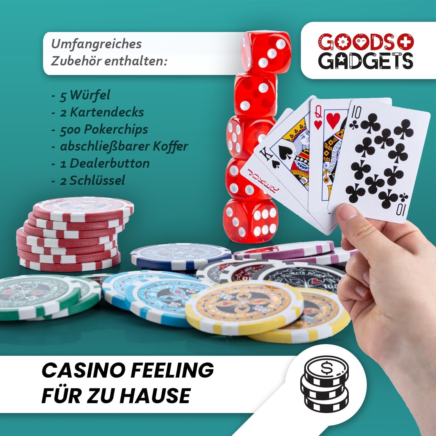 Detalle de GOODS+GADGETS Profi Pokerkoffer Pokerset 500 – hochwertiges Casino-Set mit Aluminiumkoffer