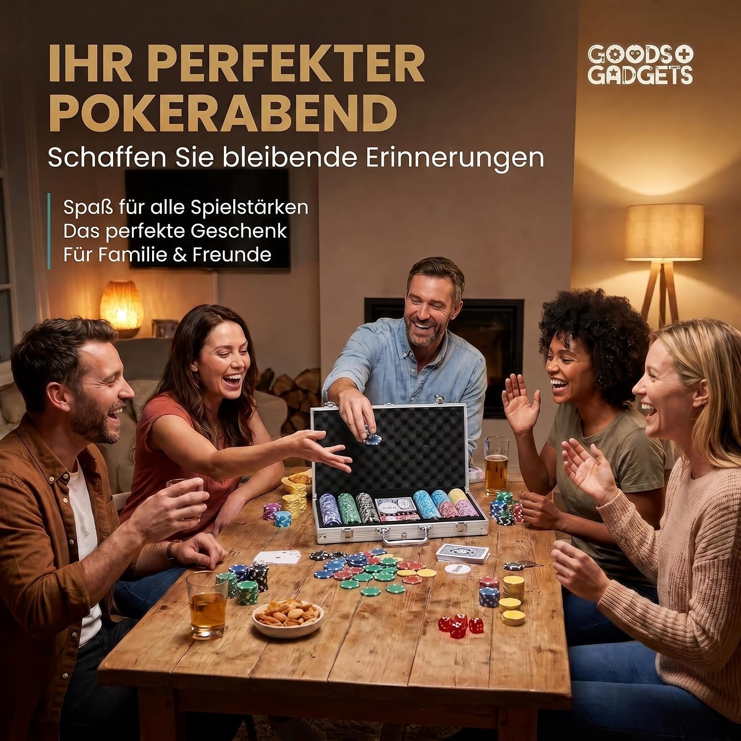Detalle de Profi Pokerkoffer Pokerset inkl. 300–500 schwere 12 g Metallkern-Chips, inkl. Deck, Karten, Würfel, Dealer-Button – abschließbarer Alu-Koffer